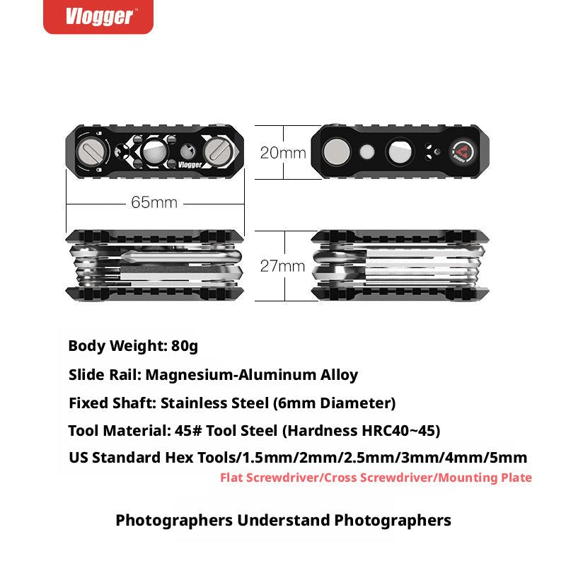 Vlogger Foldable Photographer Multi - Tool with Hex Keys, Screwdrivers & NATO Rail Mount - HomeDIYer