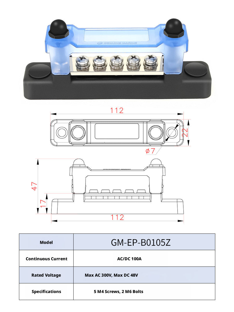 Marine Bus Bar – T2 Copper, 100A–600A DC, 2–20 Position, Single & Double Row, Boat RV Solar