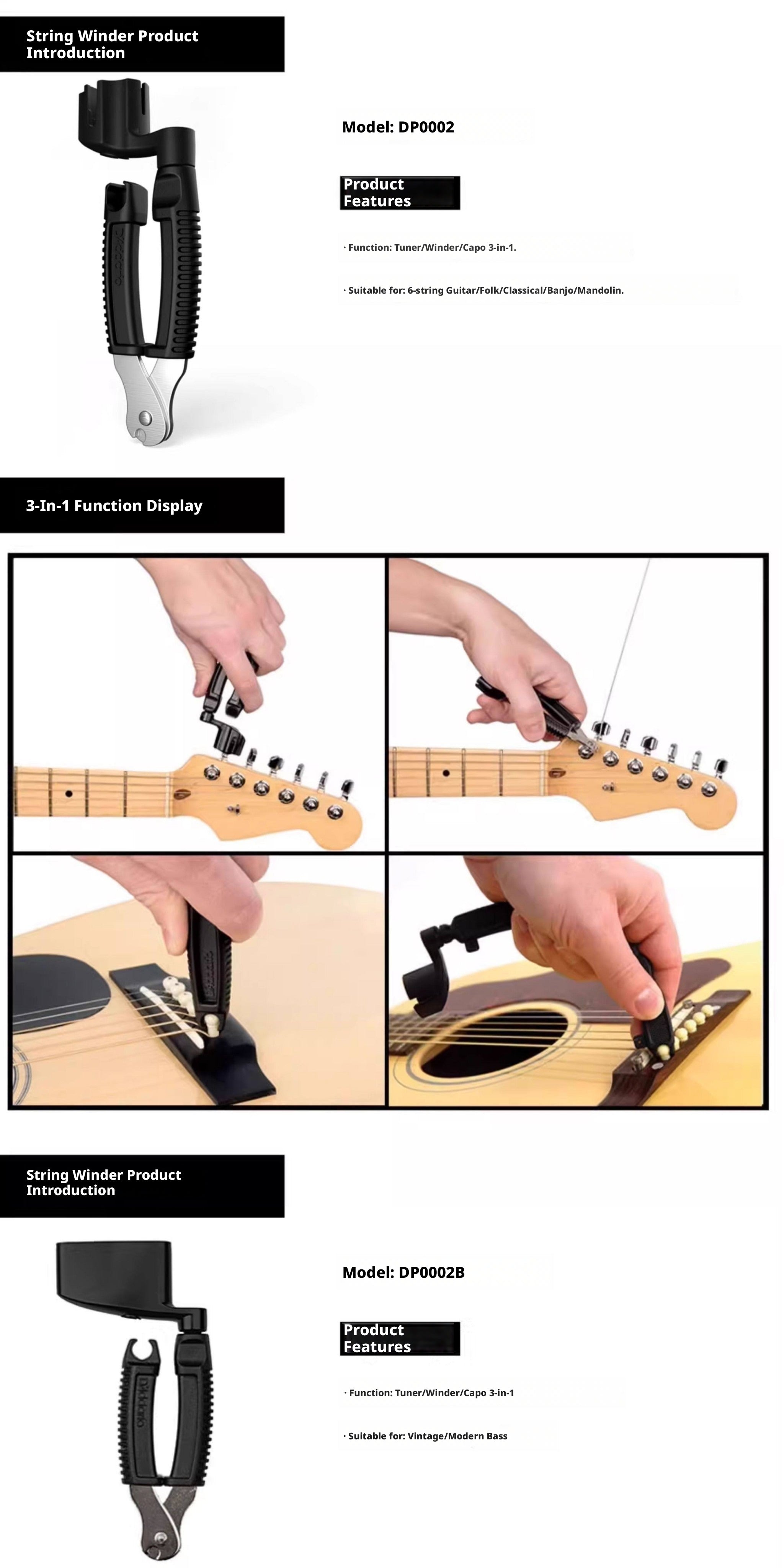 D’Addario Guitar & Bass String Change Tools – Winder, Cutter, Bridge Pin Puller & Multi‑Tool (DP0002, PW‑GBMT‑01 etc.)