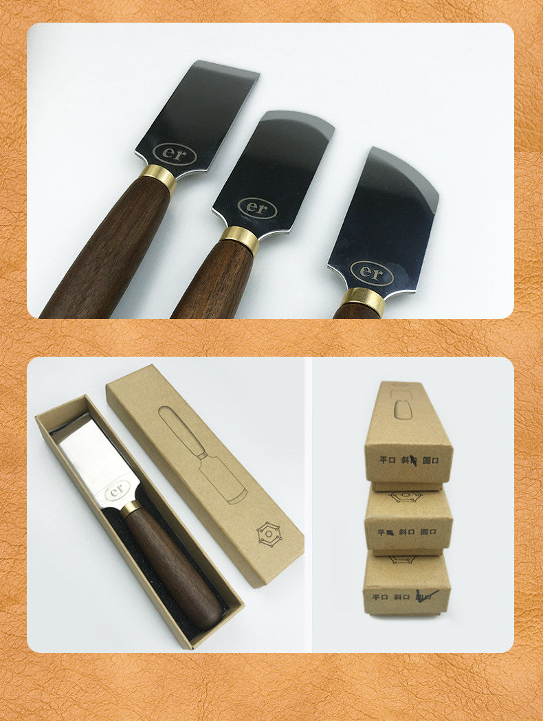 Leather Cutting & Skiving Knife Set – Flat / Bevel / Round Mouth, Beech Wood Handle, Stainless Steel Blade