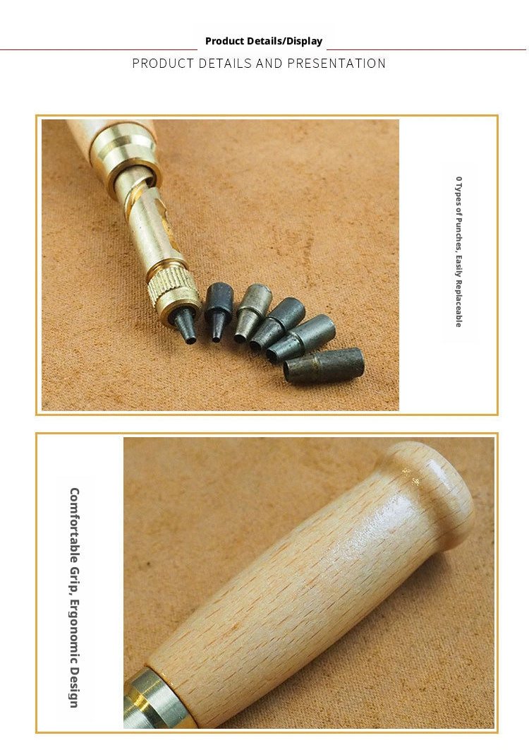Automatic Belt Punch – Self‑Rotating 6‑Head Leather Hole Punch (1.5‑4.0mm) with Solid Wood Handle