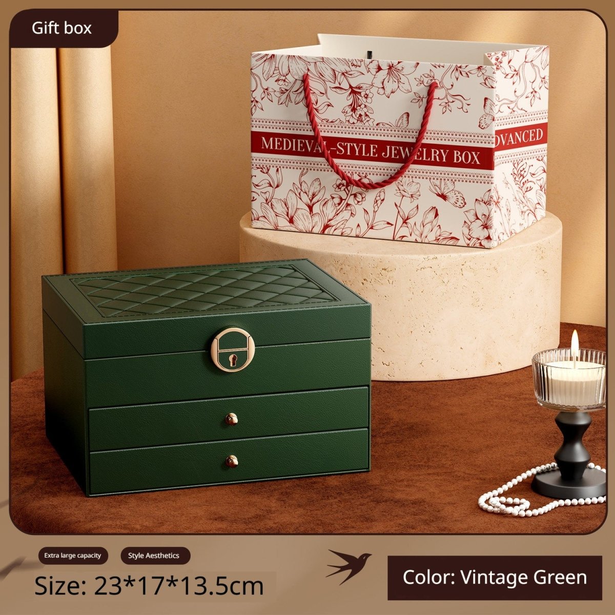 Medieval - Style Large Capacity Jewelry Box – 3 Layers, Lock, Watch Pillow - HomeDIYer