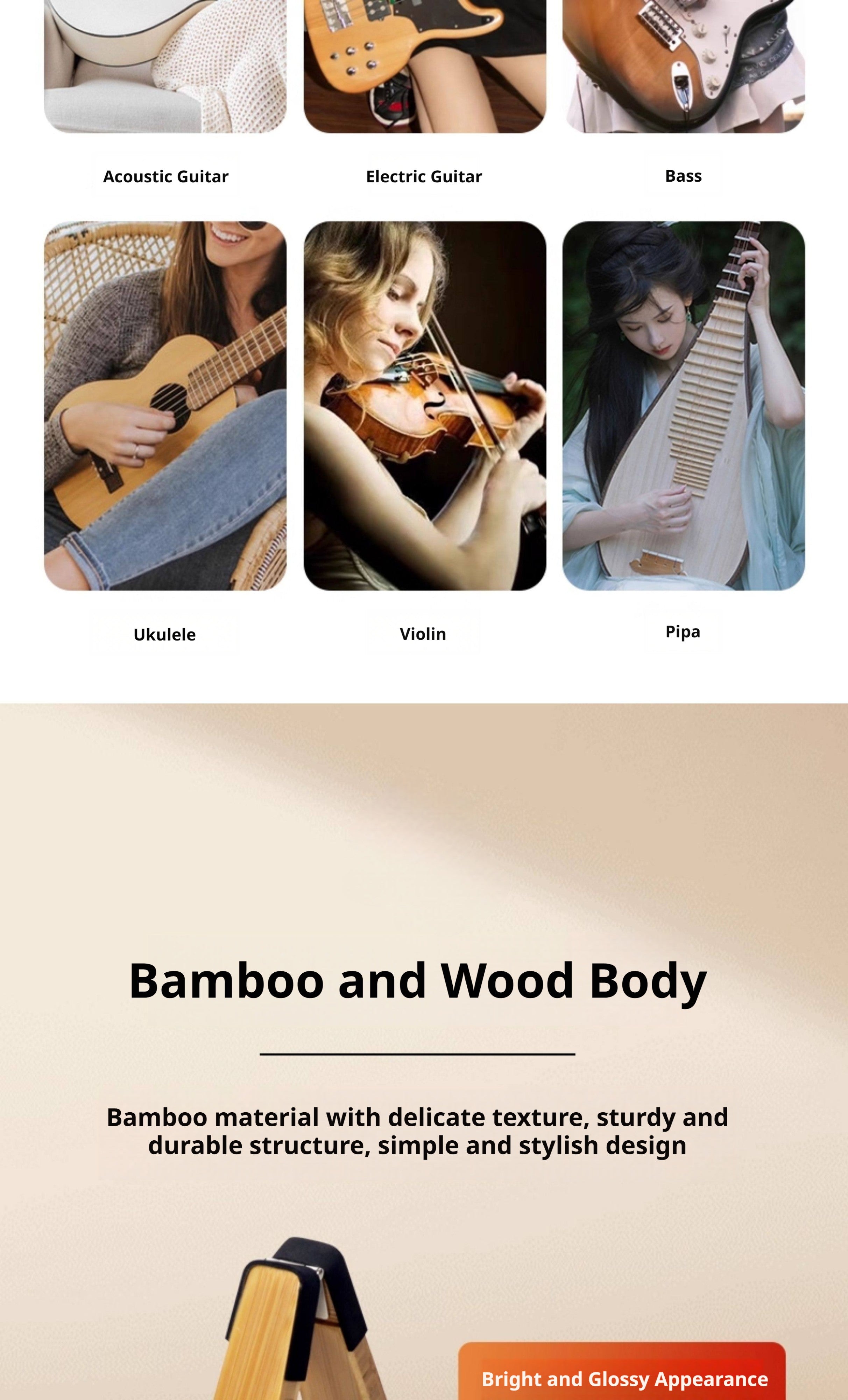 Solid Wood Foldable Guitar Stand – Bamboo A‑Frame for Guitar, Violin, Ukulele (with Footrest & Double Stand Options)