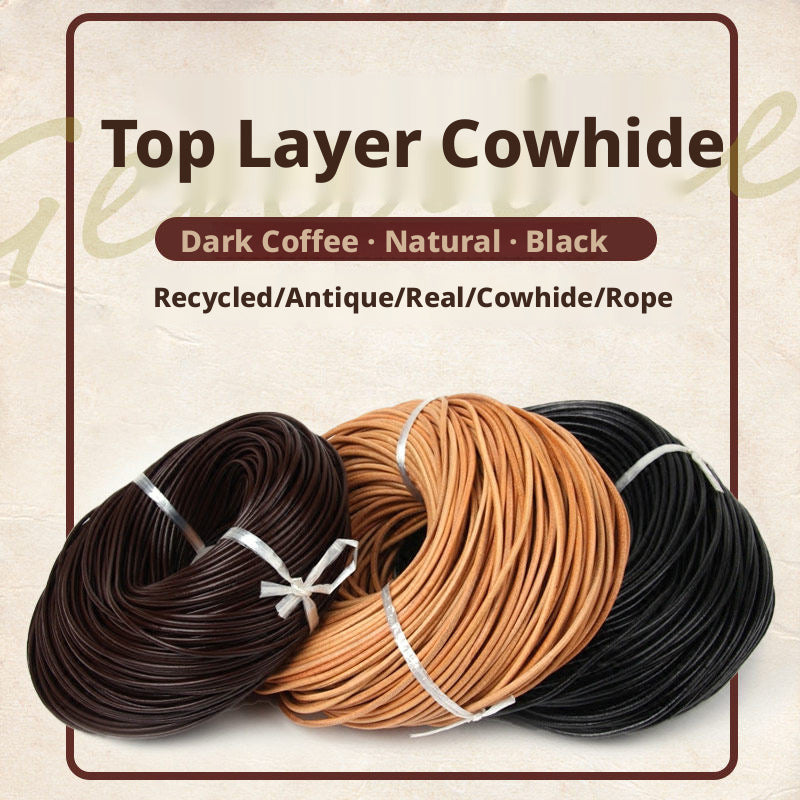 Round Cowhide Rope – 1‑6mm Genuine Leather Cord for Jewelry, Lacing & DIY (Natural / Dark Coffee / Black)
