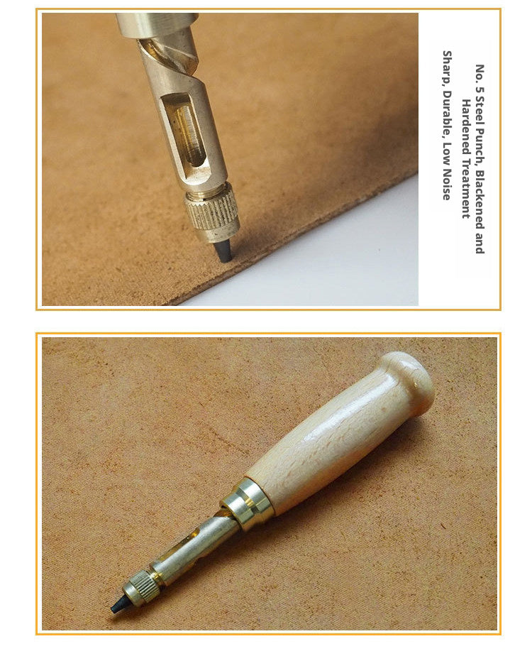 Automatic Belt Punch – Self‑Rotating 6‑Head Leather Hole Punch (1.5‑4.0mm) with Solid Wood Handle