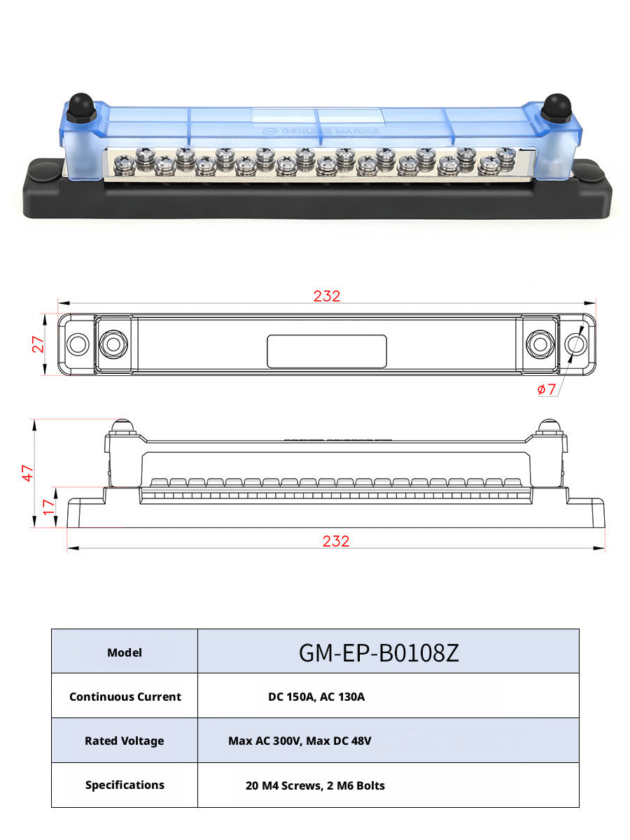 Marine Bus Bar – T2 Copper, 100A–600A DC, 2–20 Position, Single & Double Row, Boat RV Solar