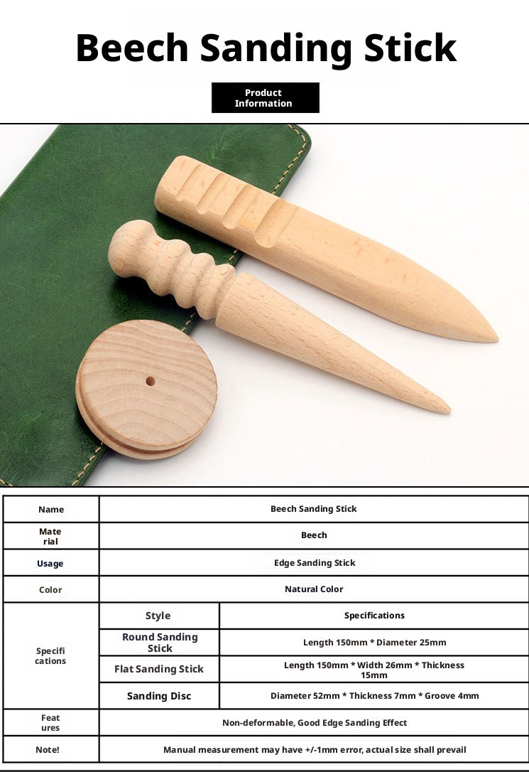 Beech Wood Sanding Stick Set – Round, Flat & Disc Burnisher for Leather Edge Finishing