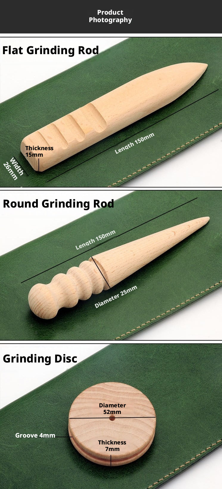 Beech Wood Sanding Stick Set – Round, Flat & Disc Burnisher for Leather Edge Finishing