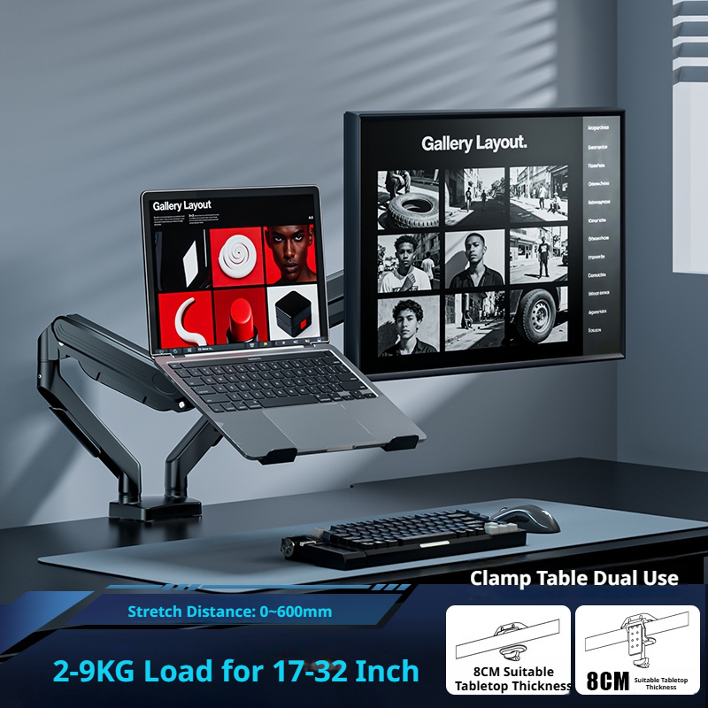 Laptop Desk Mount Arm with Tray – Gas Spring, 10–18 Inch, 3-Axis Adjustable, Clamp & Grommet Base
