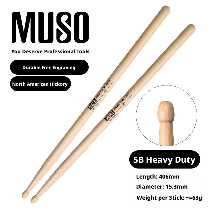 MUSO North American Wood Drumsticks – 7A / 5A / 5B (Hickory/Pecan) with Free Engraving