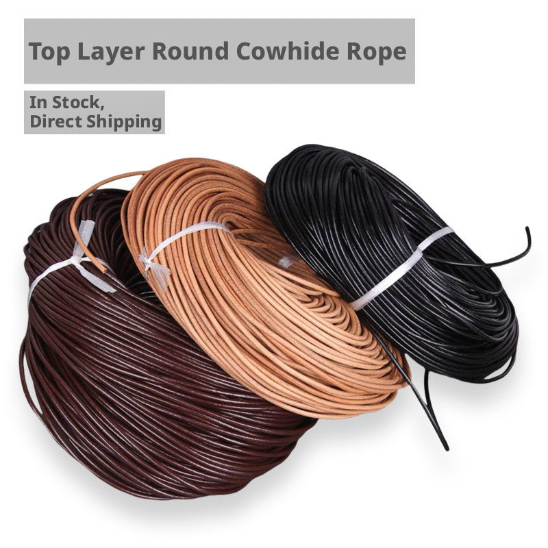 Round Cowhide Rope – 1‑6mm Genuine Leather Cord for Jewelry, Lacing & DIY (Natural / Dark Coffee / Black)