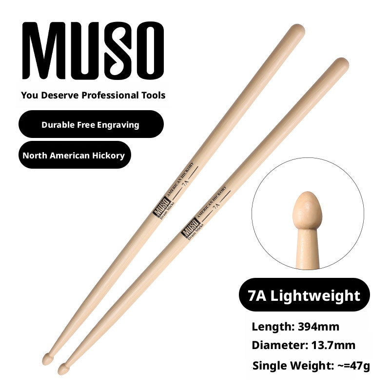 MUSO North American Wood Drumsticks – 7A / 5A / 5B (Hickory/Pecan) with Free Engraving