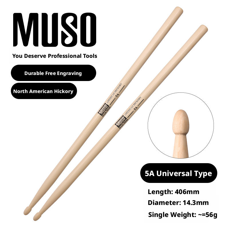 MUSO North American Wood Drumsticks – 7A / 5A / 5B (Hickory/Pecan) with Free Engraving