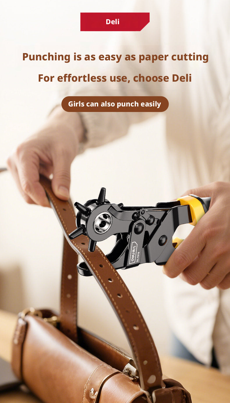Deli Belt Punch Pliers – Labor‑Saving 6‑Size Rotary Hole Punch for Leather, Belts, Watch Straps