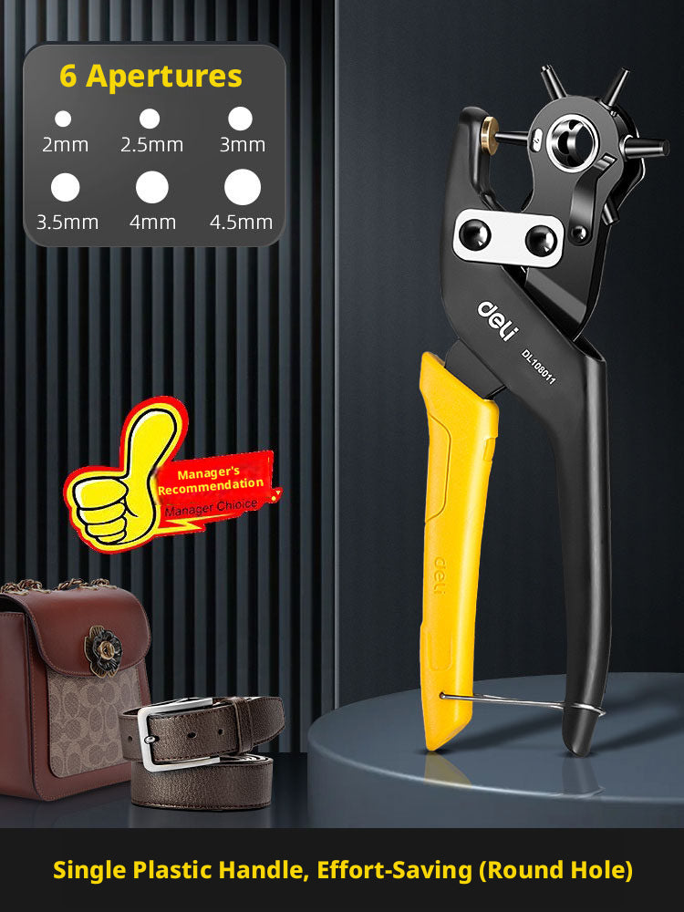 Deli Belt Punch Pliers – Labor‑Saving 6‑Size Rotary Hole Punch for Leather, Belts, Watch Straps