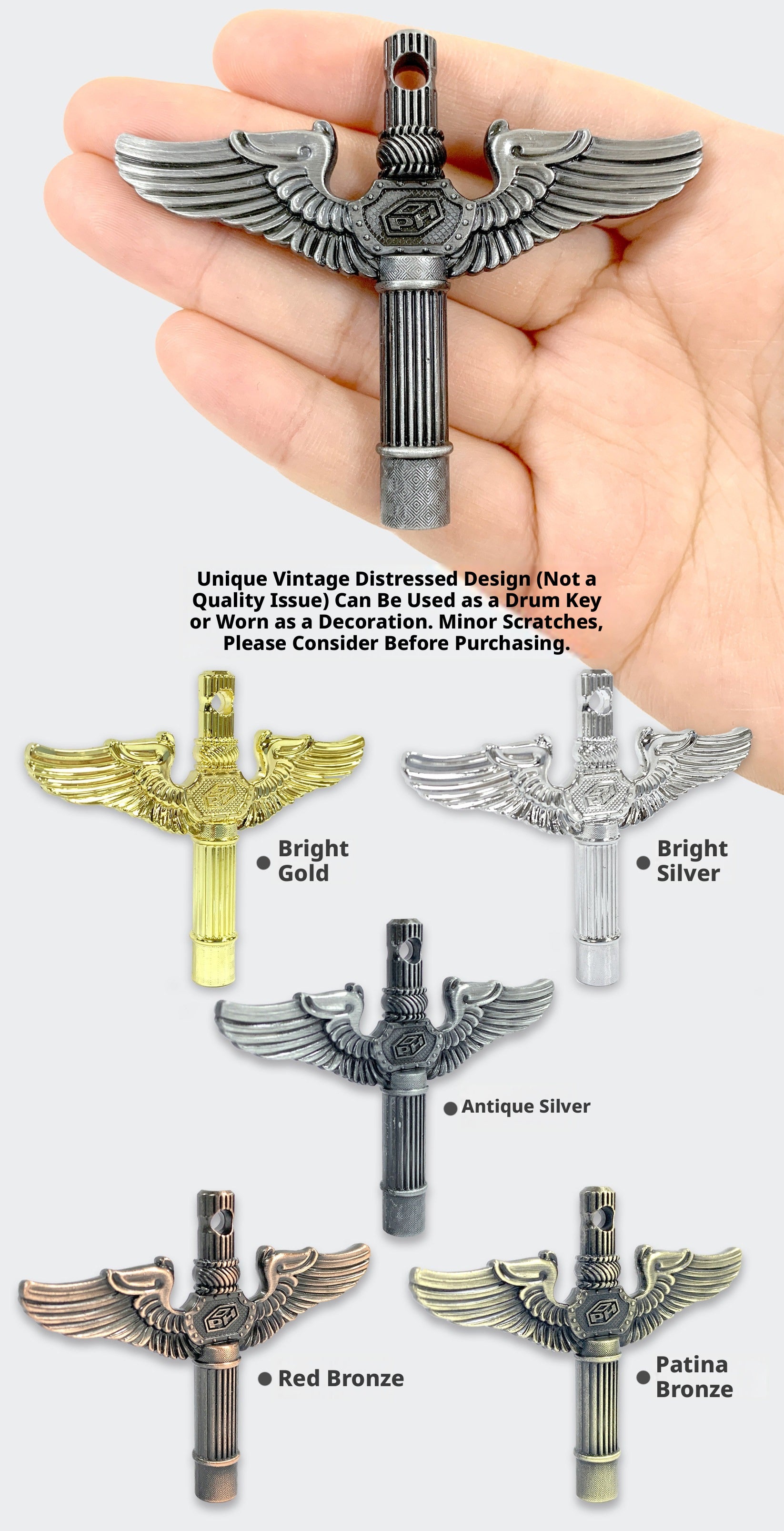 PDH Zinc Alloy Drum Key – Universal Tuning Wrench for Acoustic Drums, Keychain Hole, Power Tool Compatible