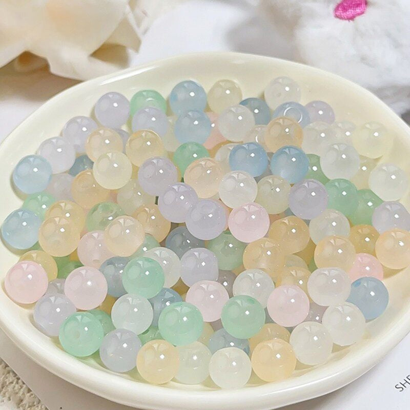 Glass Jelly Solid Color Beads – Imitation Jade Round Beads for DIY Bracelets, Necklaces, 6/8/10mm, 100pcs per Pack (White, Pink, Blue, Green, Beige, Purple)