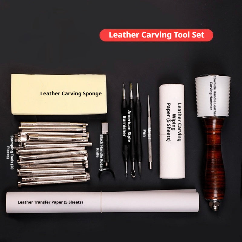 Leather Carving Tool Set – 20 Stamps + Swivel Knife + Hammer + Sponge & Transfer Paper