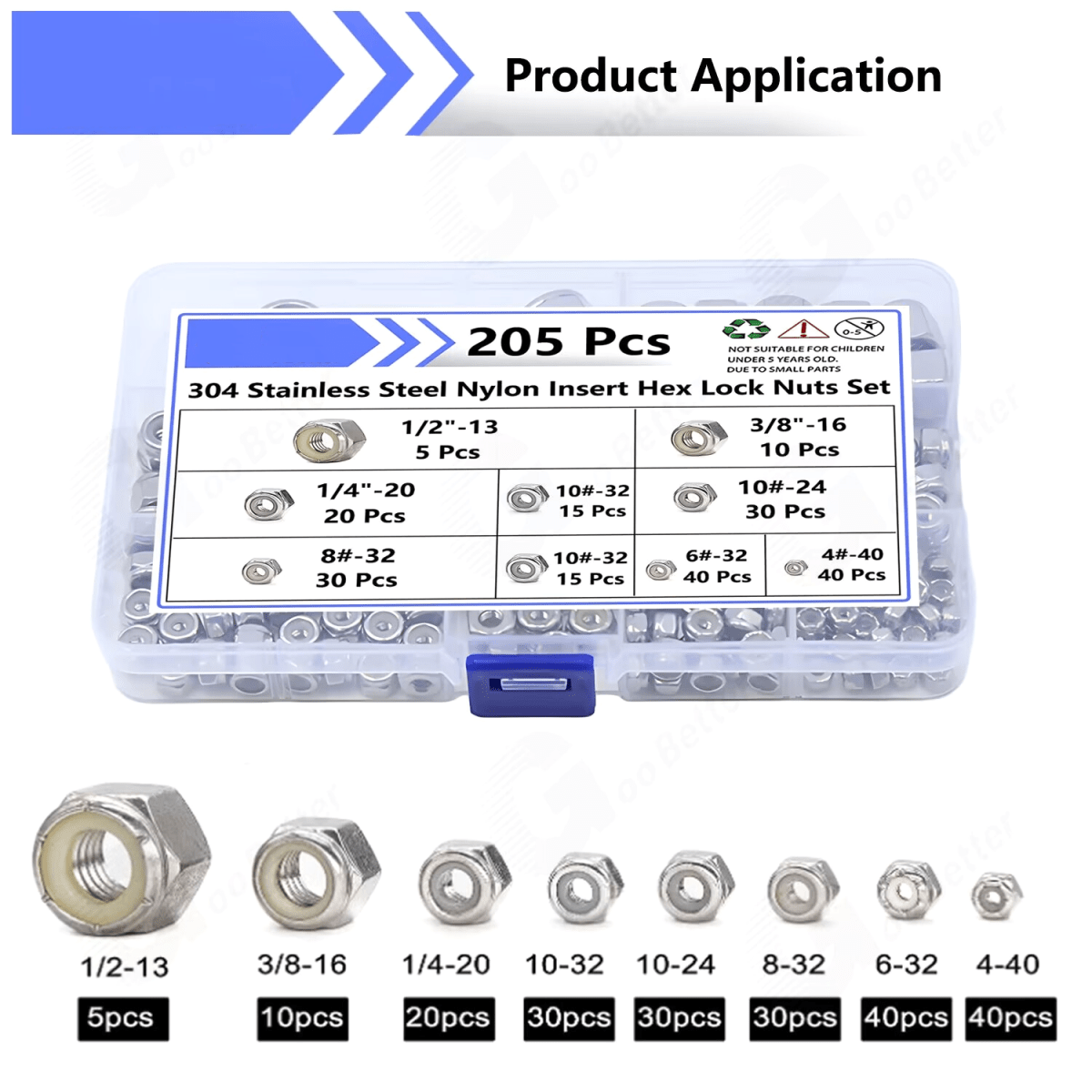4 - 1/2" Nylon Insert Hex Lock Nuts Assortment Kit 304 Stainless Steel - 205 Pcs - HomeDIYer