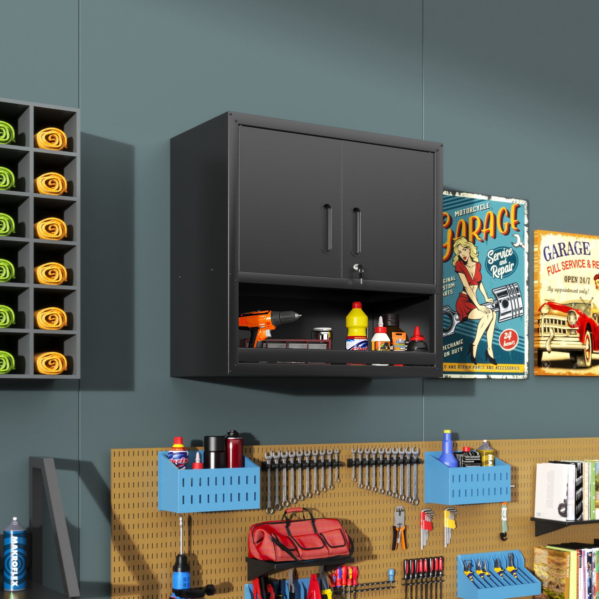 Metal Wall-Mounted Tool Storage Cabinet – Locking Door & Open Drawer for Garage, Warehouse, Office