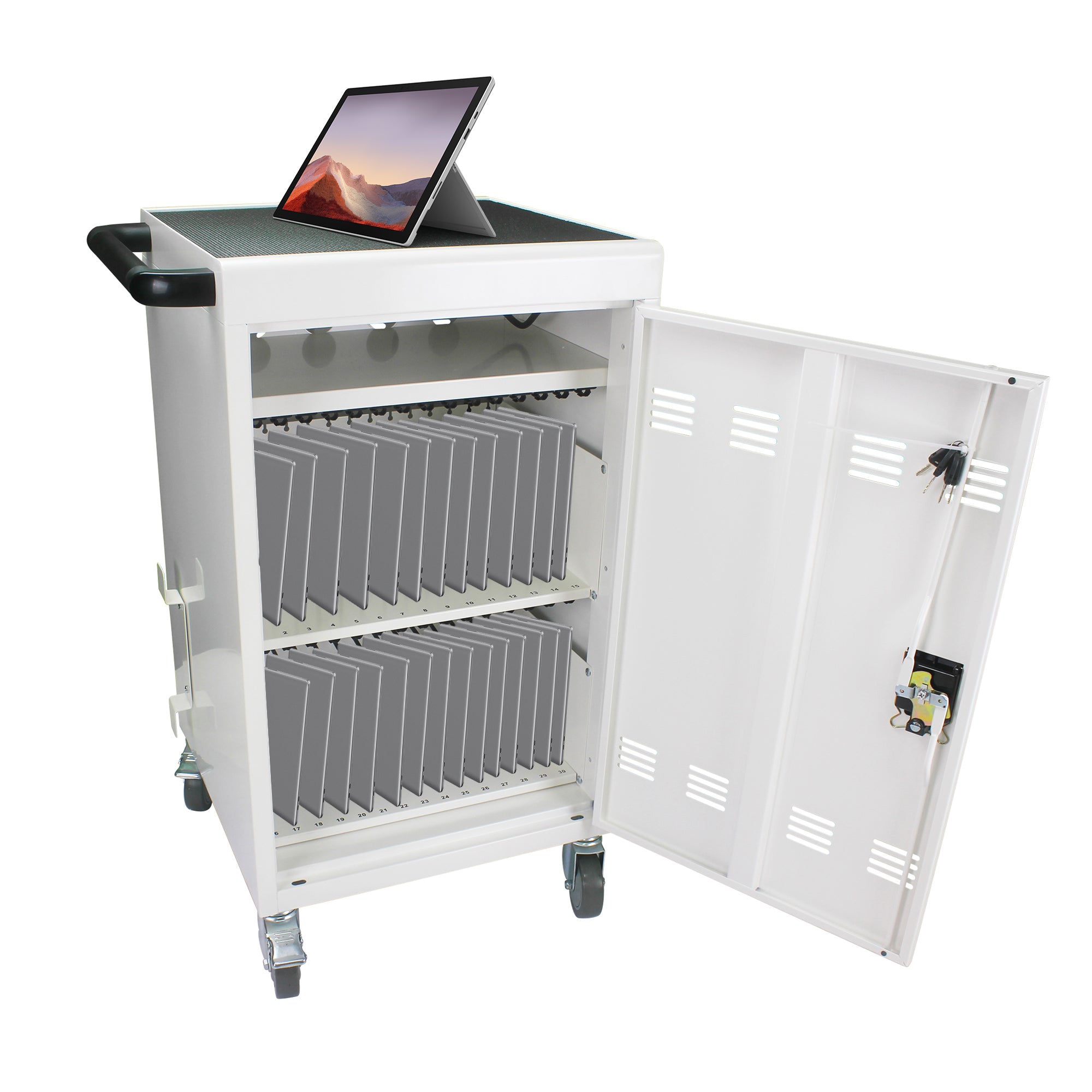 30+2Bay Mobile School Charging Cart Station for Chromebook, Tablet and Laptop Computer with Power Strip Included, Assembly Required-WHITE