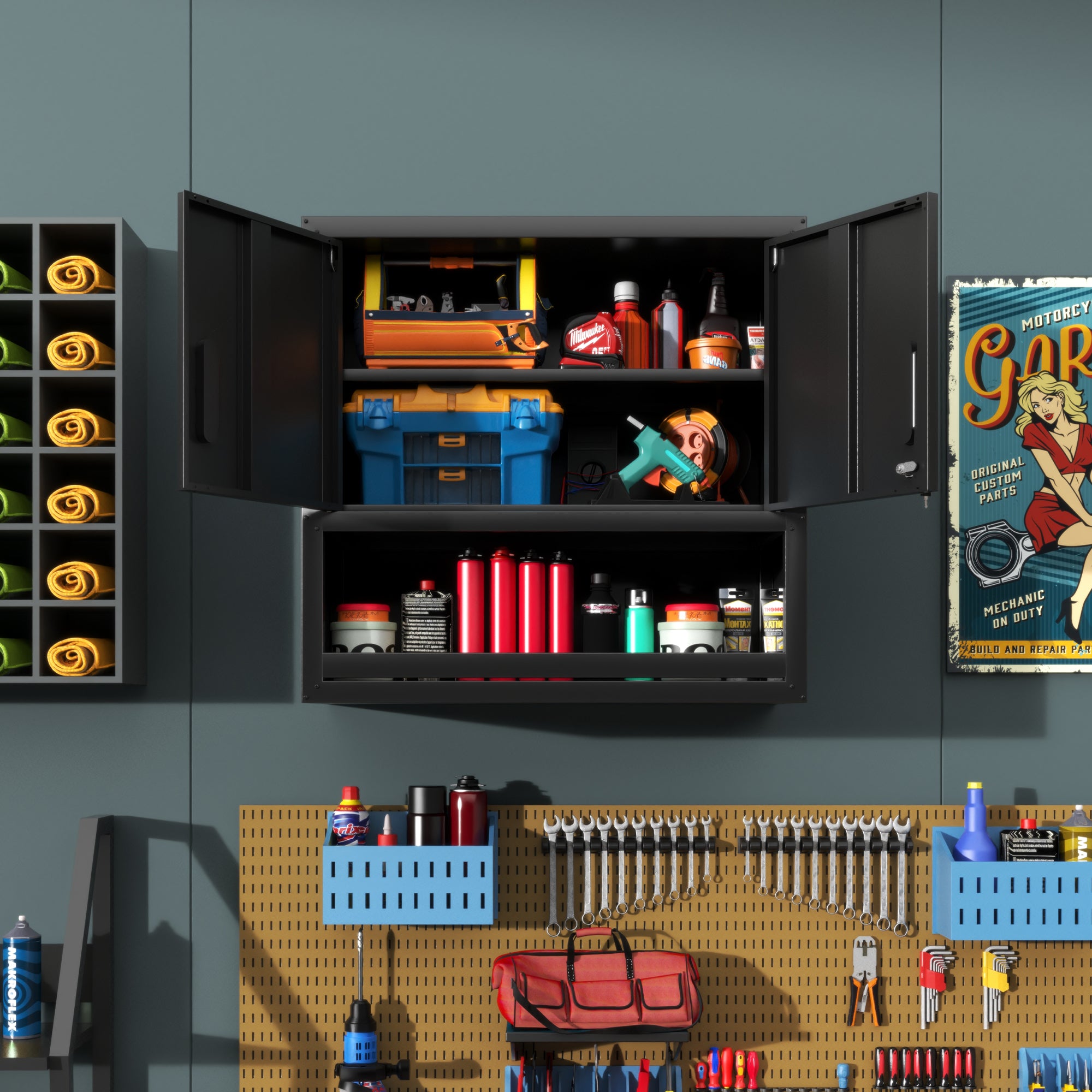 Metal Wall-Mounted Tool Storage Cabinet – Locking Door & Open Drawer for Garage, Warehouse, Office
