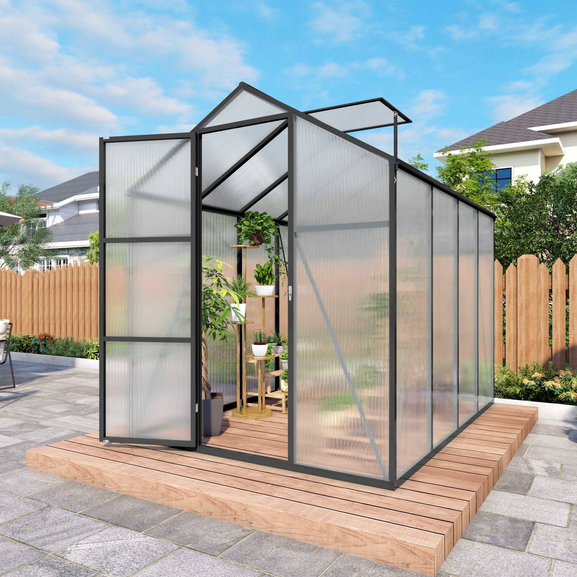 6ft x 8ft Heavy‑Duty Aluminum Walk‑In Greenhouse — Wind‑Resistant Polycarbonate Panels with Raised Base & Drainage System Black