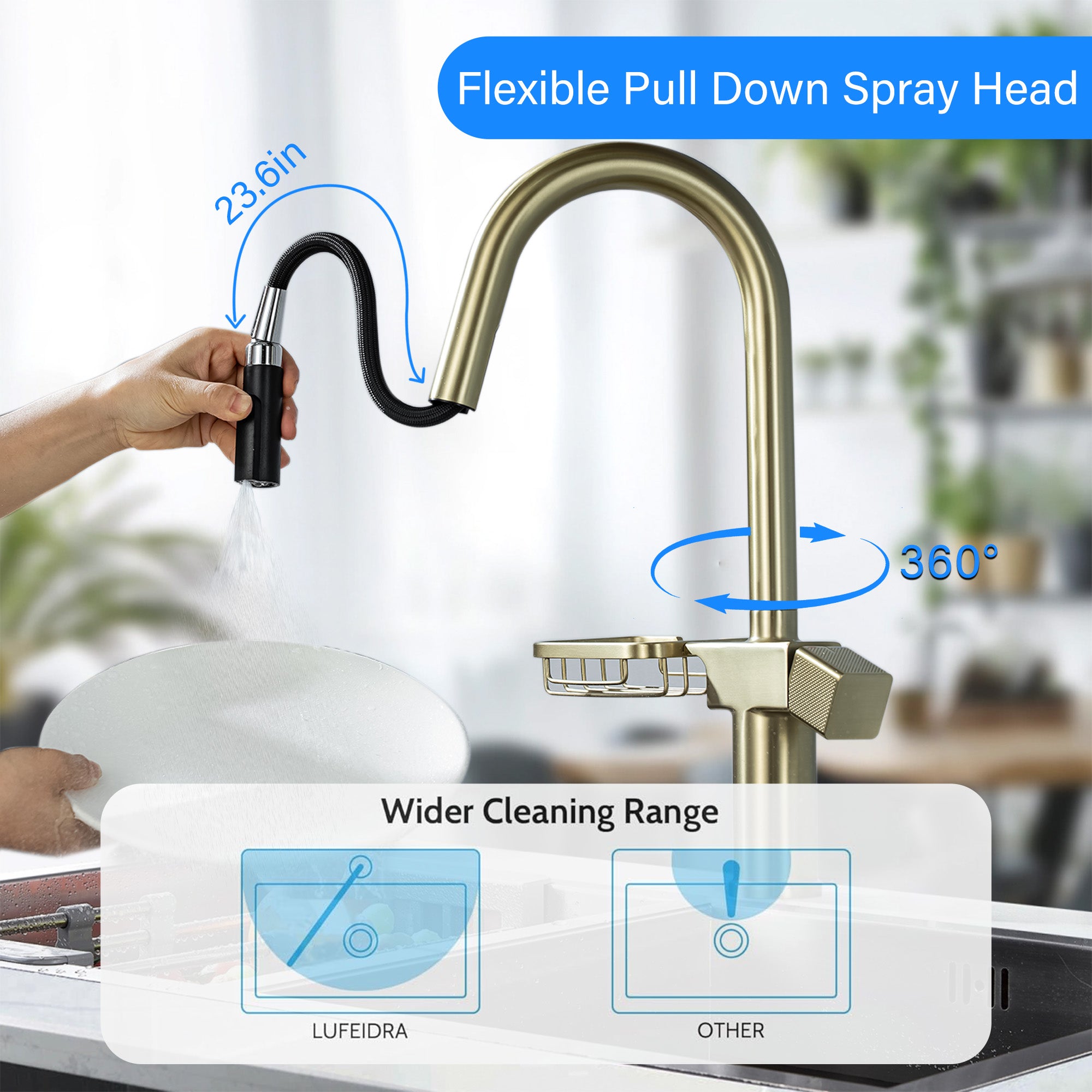 High Arc Pull-Down Kitchen Faucet - Single Hole Stainless Steel, Modern Sink Faucet (Brushed Gold)