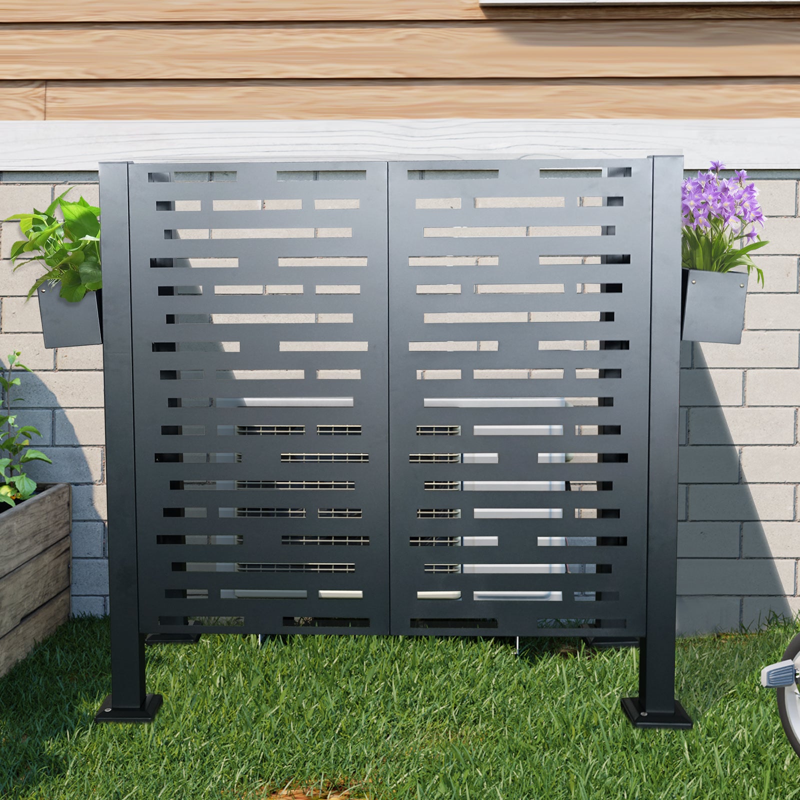 4 x 2 FT Metal Air Conditioner Privacy Fence with Flower Boxes — Charcoal, Freestanding AC Cover