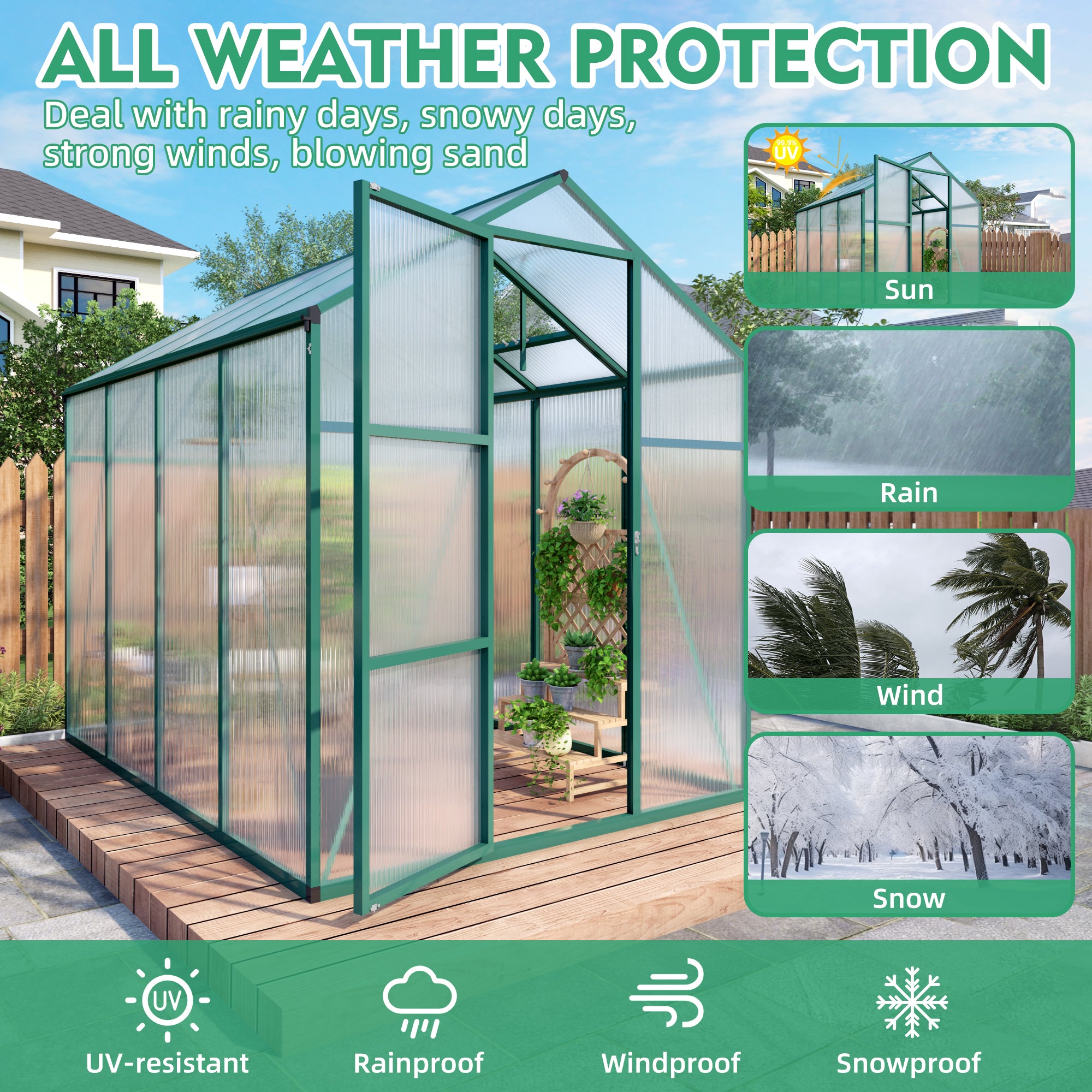 6ft x 8ft Heavy‑Duty Aluminum Walk‑In Greenhouse — Wind‑Resistant Polycarbonate Panels with Raised Base & Drainage System Green