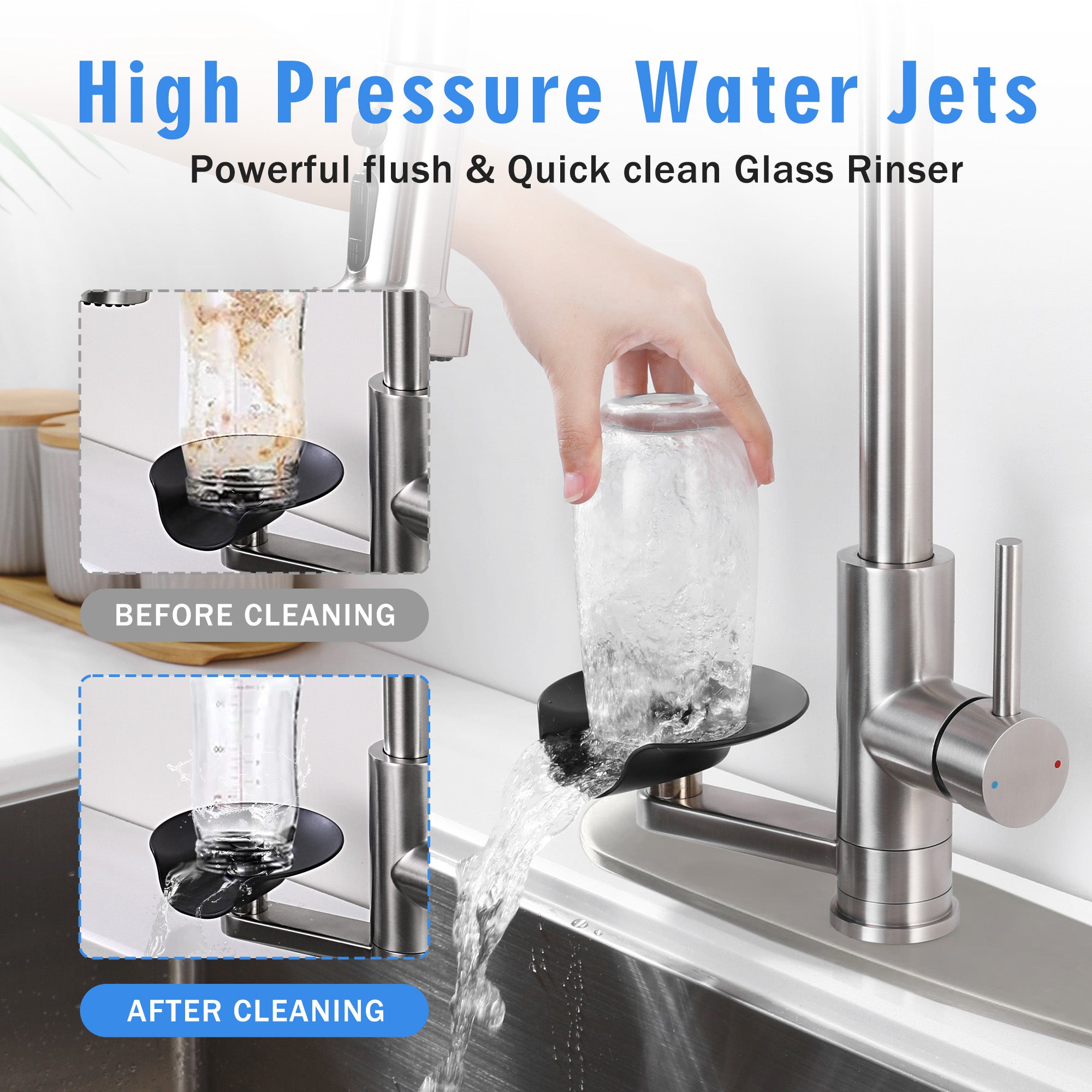 3-in-1 Kitchen Faucet with Press-Type Glass Rinser, High-Arc Pull-Down Sprayer Faucet, 3 Function Spray Mode, Brushed Nickel Finish, for Modern Kitchen Sink