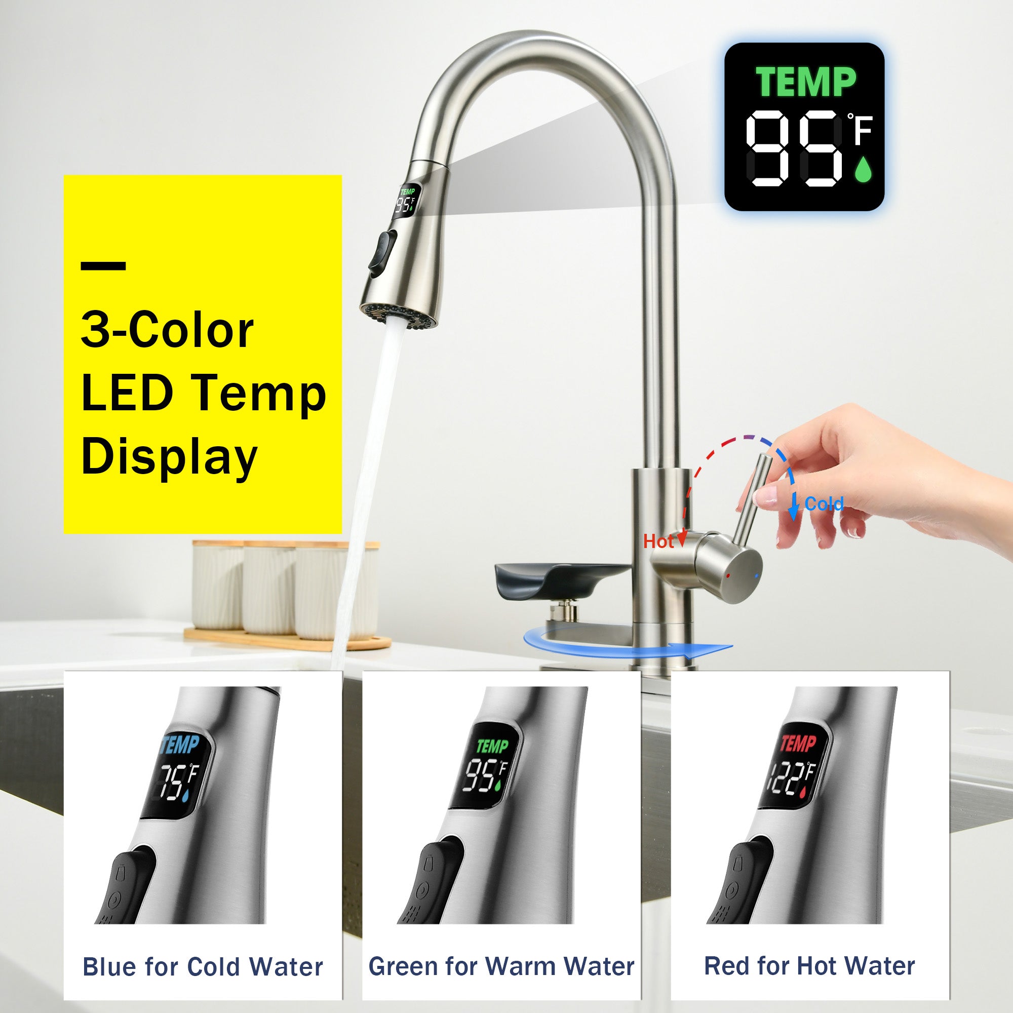 3-in-1 Kitchen Faucet with 3-Color LED Temperature Display, Press-Type Glass Rinser, High-Arc Pull-Down Sprayer, 3 Spray Modes, Brushed Nickel Finish for Modern Kitchen Sink
