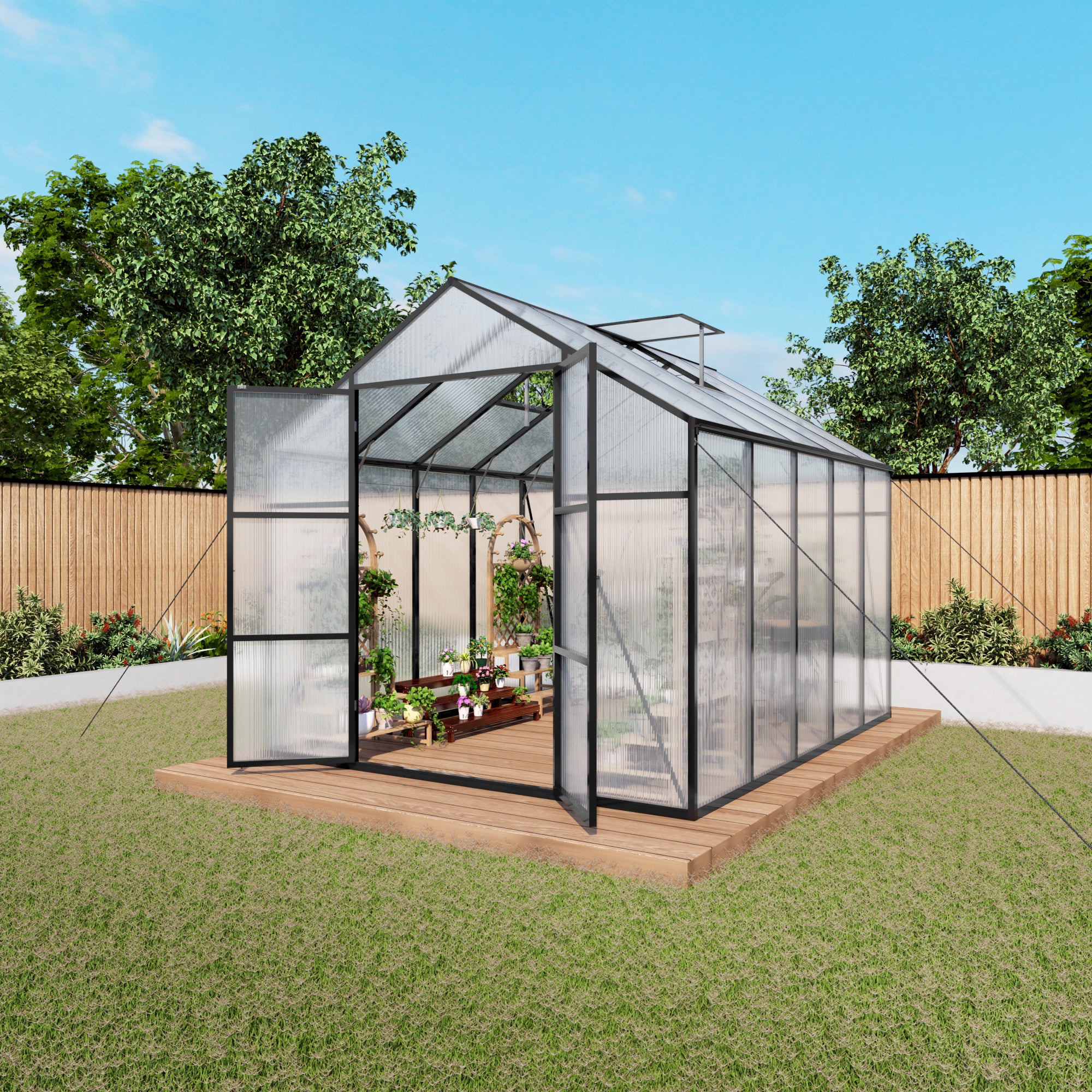 8ft x 10ft Heavy‑Duty Aluminum Walk‑In Greenhouse — 4mm Polycarbonate Panels Drainage System & Adjustable Vents Black