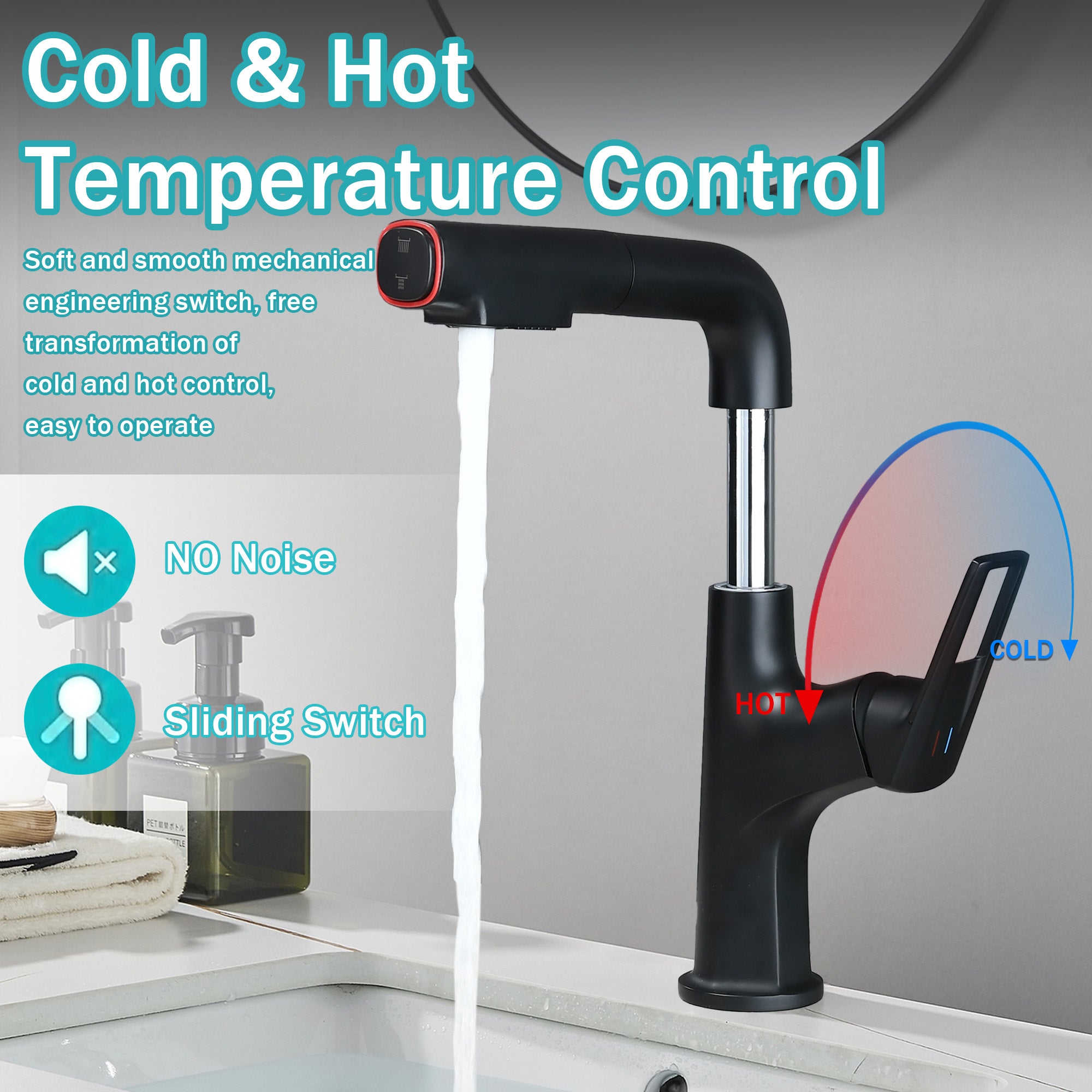 Matte Black Pull-Down Vessel Faucet - Single Hole Bathroom Sink Faucet with Lift Spout & Dual Spray Modes
