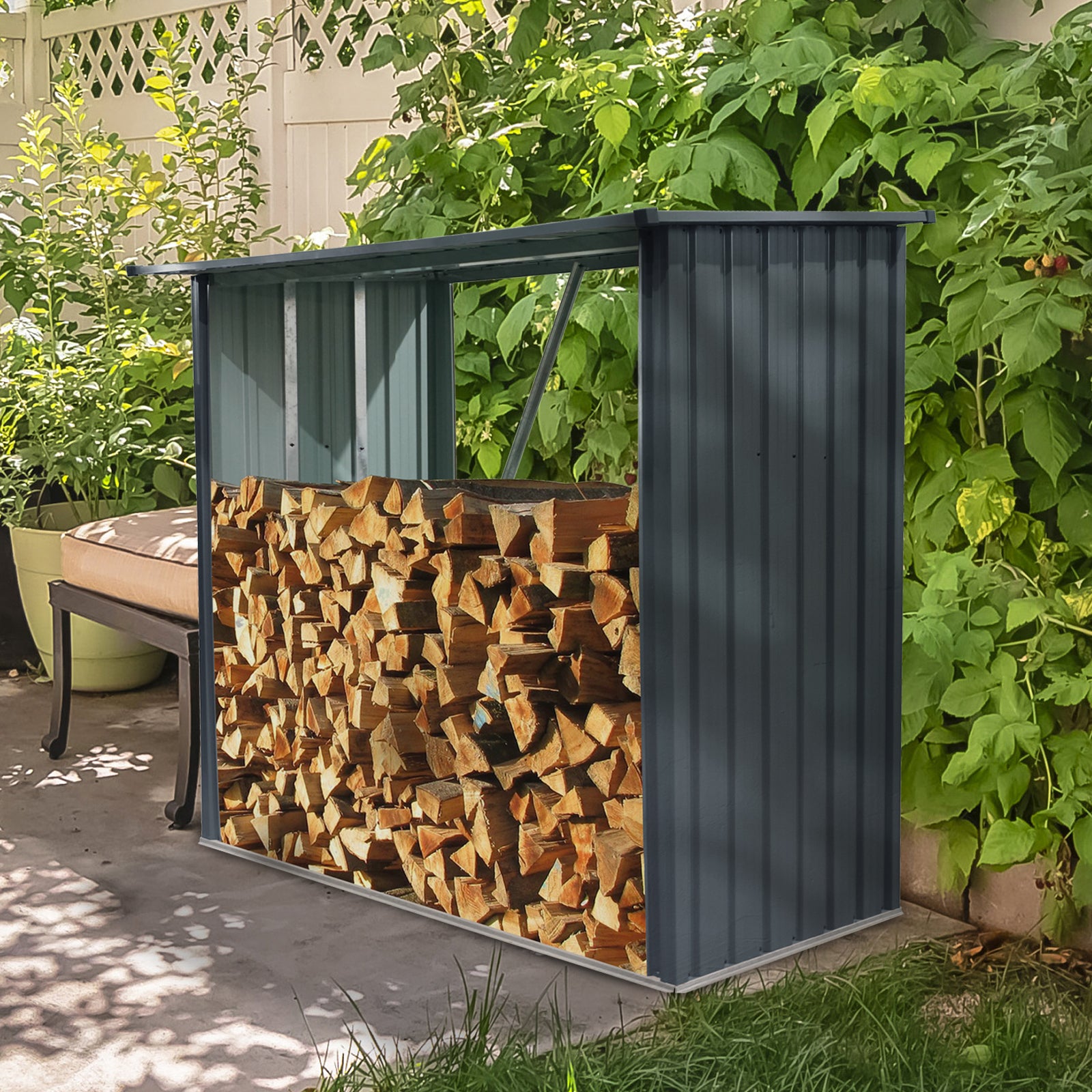 Outdoor Steel Firewood Rack with Sloped Roof Wood Shed — 85.5" Wide, Black
