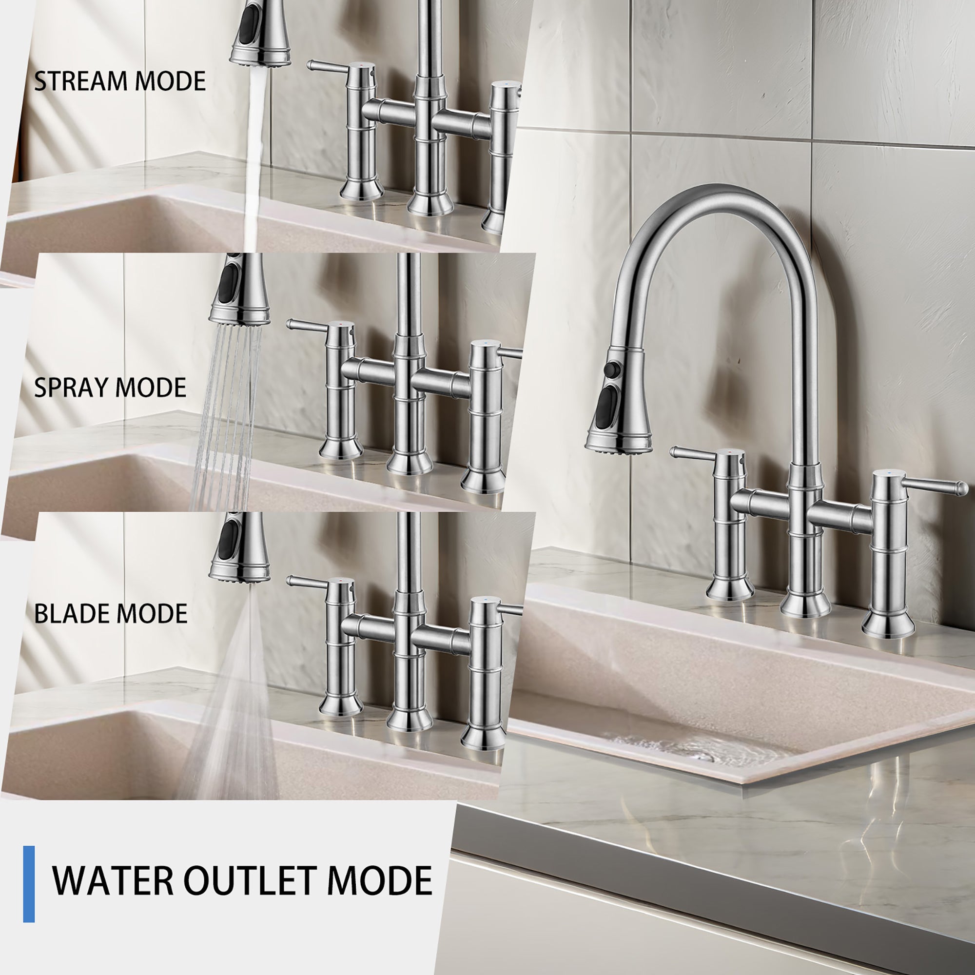 Bridge Kitchen Faucet Pull Down Sprayer Spot Free Stainless Steel Commercial Grade