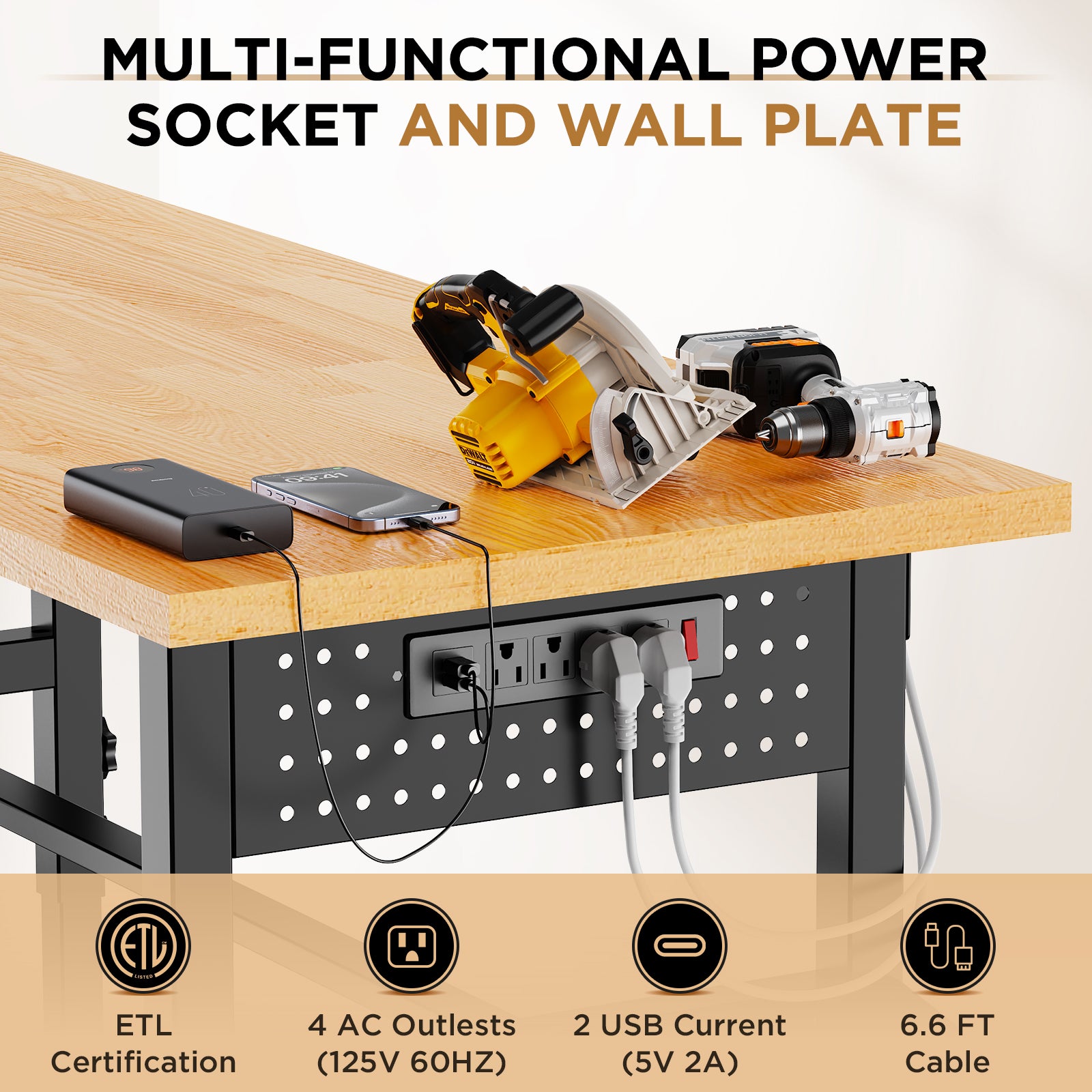96" Adjustable Workbench with Side Pegboard, Solid Wood Top, 2000 lb Capacity, Power Outlet, Storage Box & Wheels