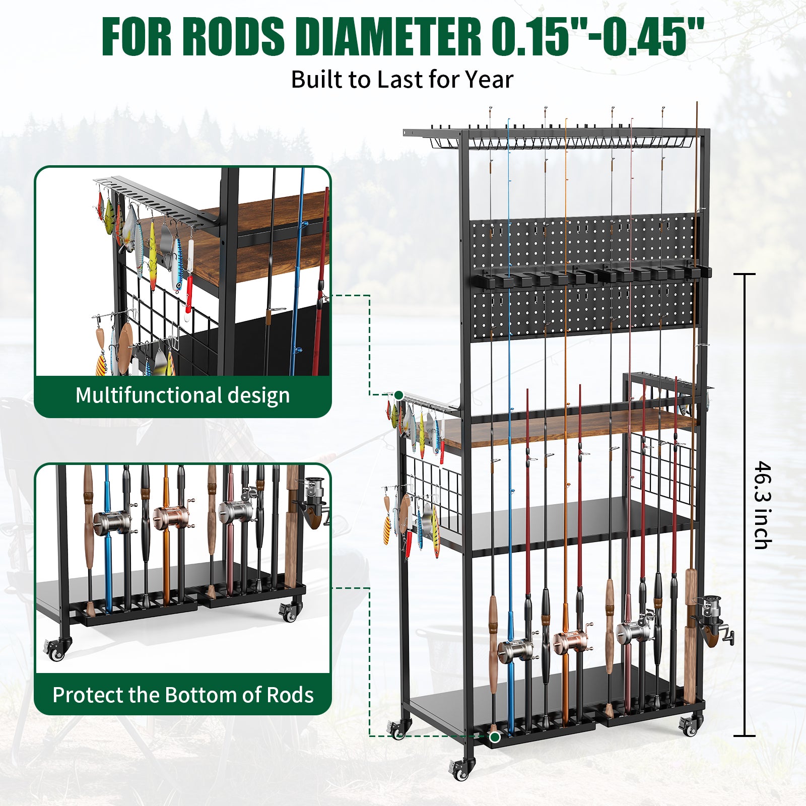 Rolling Fishing Rod Storage Rack with Pegboard, Multi-Tier Tackle Organizer Cart for Rods, Reels & Tackle Boxes, Lockable Wheels, Black