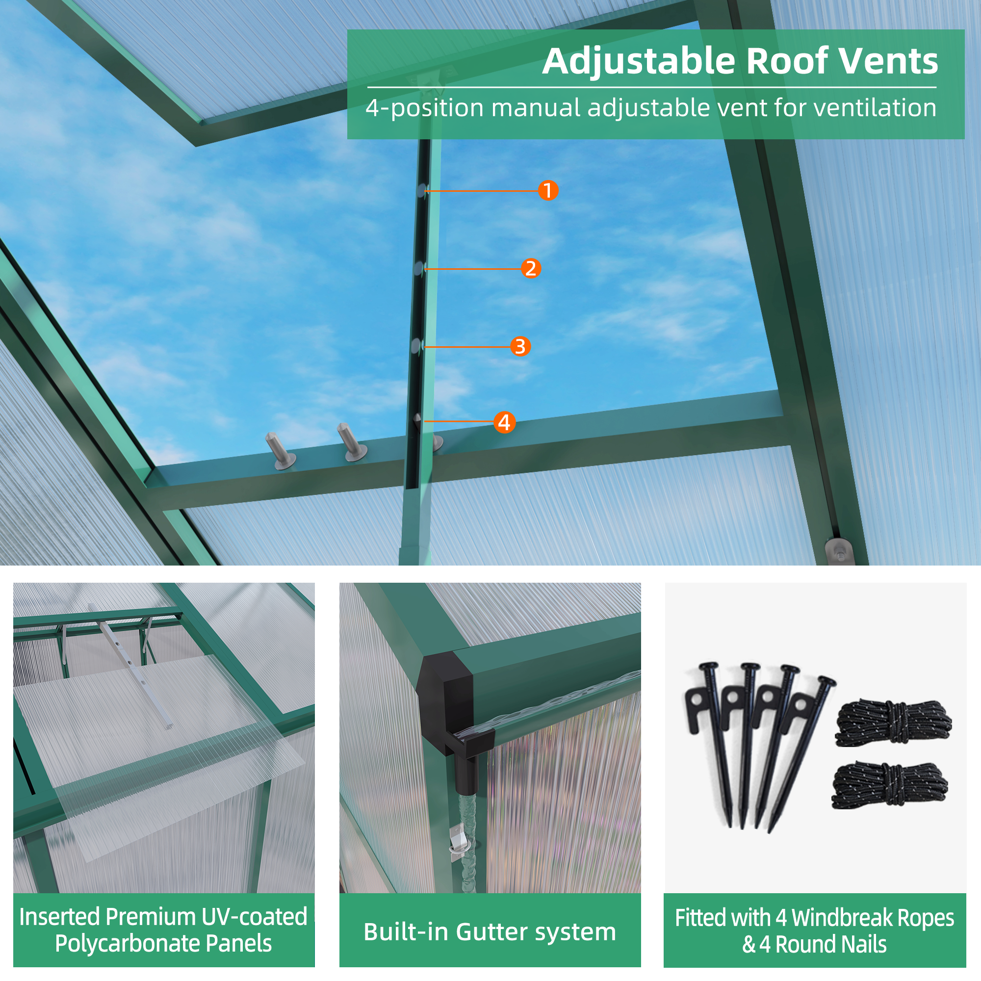 6ft x 8ft Heavy‑Duty Aluminum Walk‑In Greenhouse — Wind‑Resistant Polycarbonate Panels with Raised Base & Drainage System Green