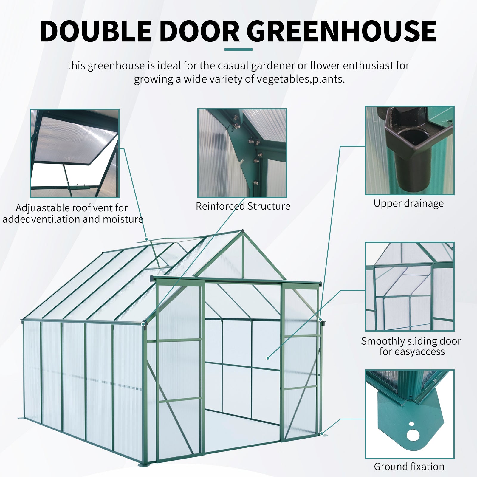 8ft x 10ft Heavy‑Duty Aluminum Walk‑In Greenhouse — Double Doors Adjustable Roof & Polycarbonate Panels Green