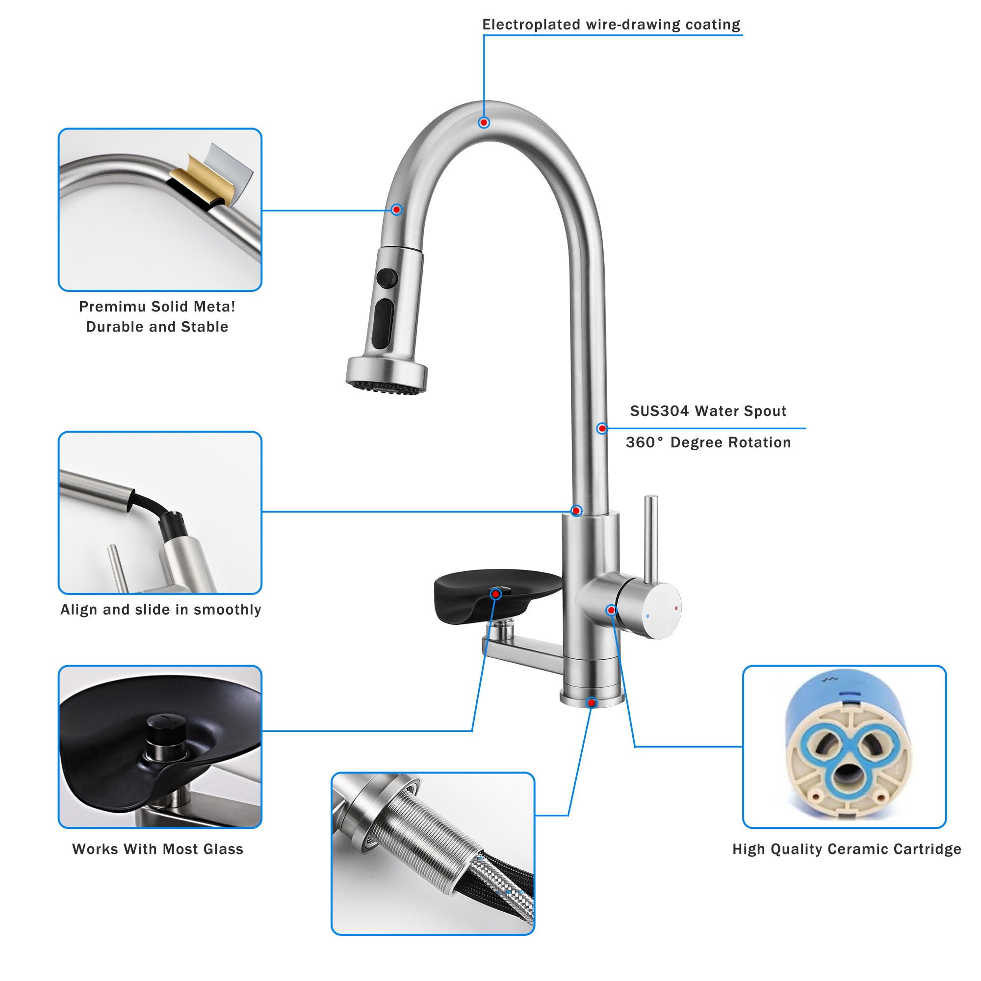 3-in-1 Kitchen Faucet with Press-Type Glass Rinser, High-Arc Pull-Down Sprayer Faucet, 3 Function Spray Mode, Brushed Nickel Finish, for Modern Kitchen Sink