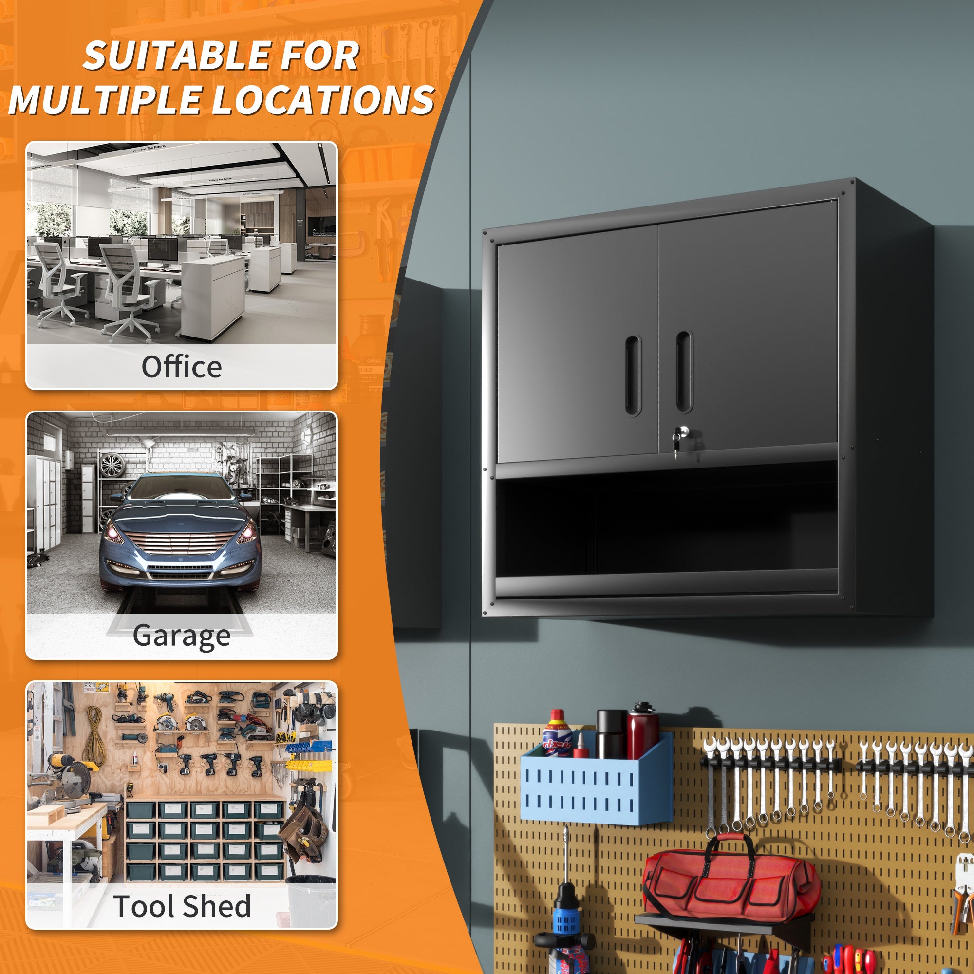 Metal Wall-Mounted Tool Storage Cabinet – Locking Door & Open Drawer for Garage, Warehouse, Office