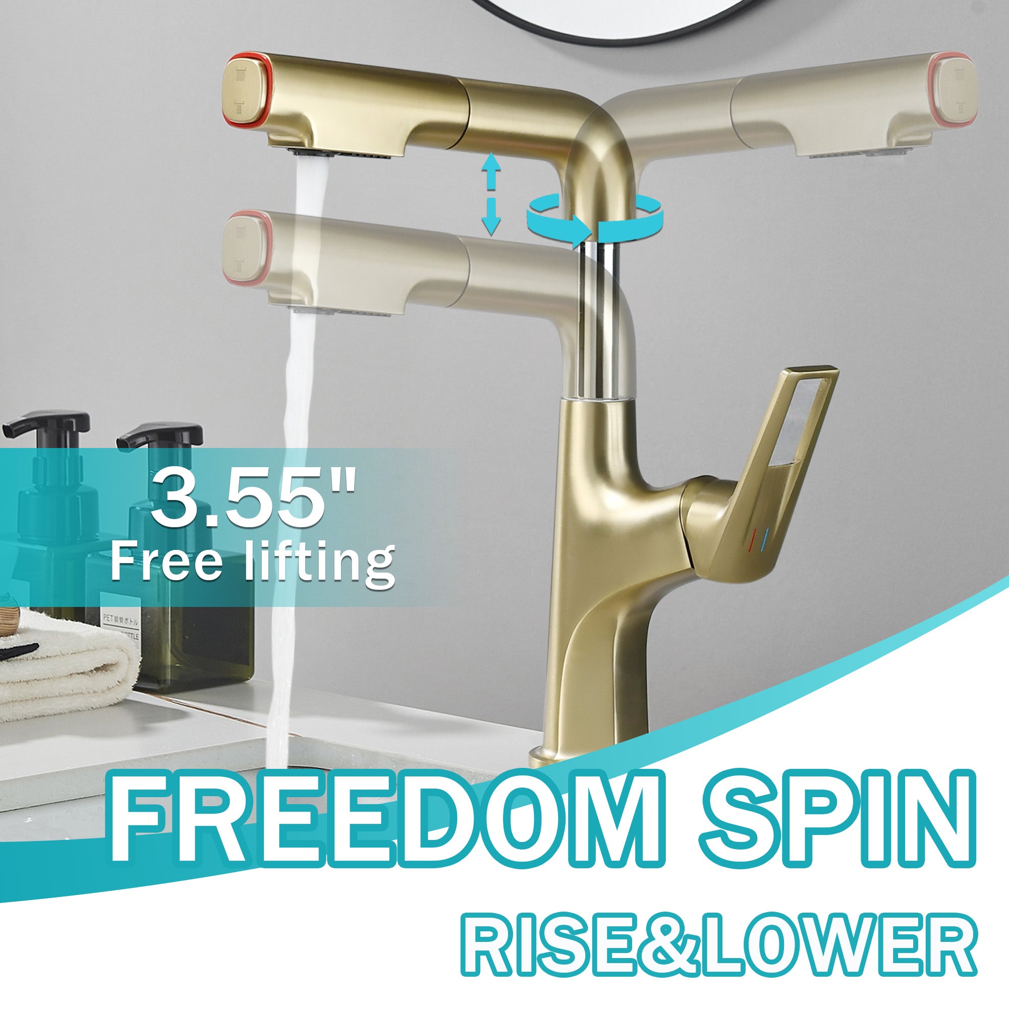 Brushed Gold Pull-Down Vessel Faucet - Single Hole Bathroom Sink Faucet with Lift Spout & Dual Spray Modes