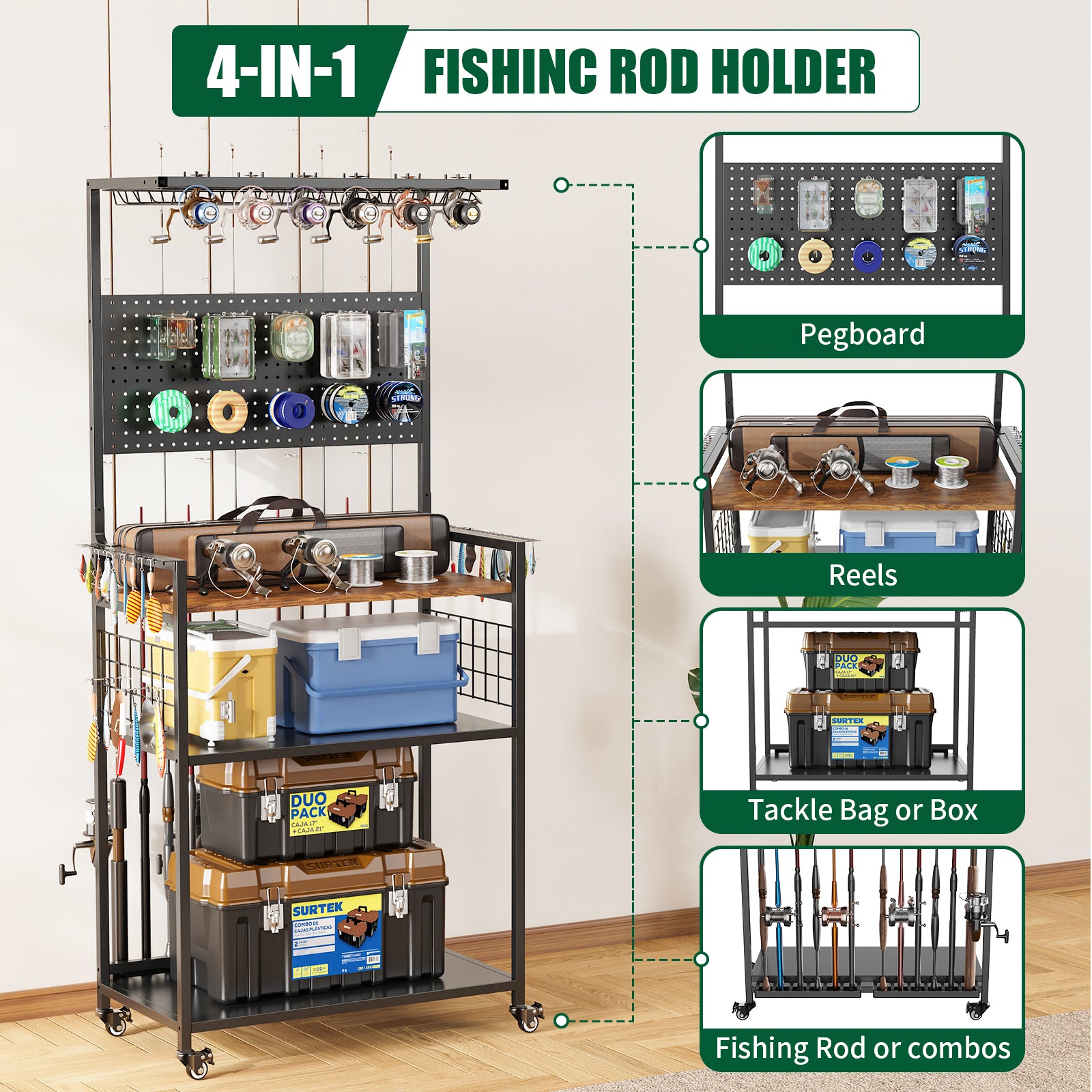 Rolling Fishing Rod Storage Rack with Pegboard, Multi-Tier Tackle Organizer Cart for Rods, Reels & Tackle Boxes, Lockable Wheels, Black
