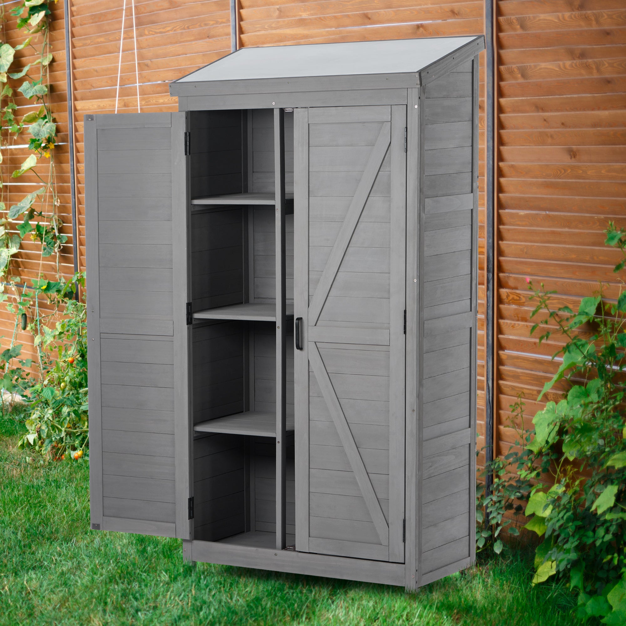 68" Outdoor Storage Cabinet – Tall Wood Garden Shed with Metal Top & Rustic Gray Finish