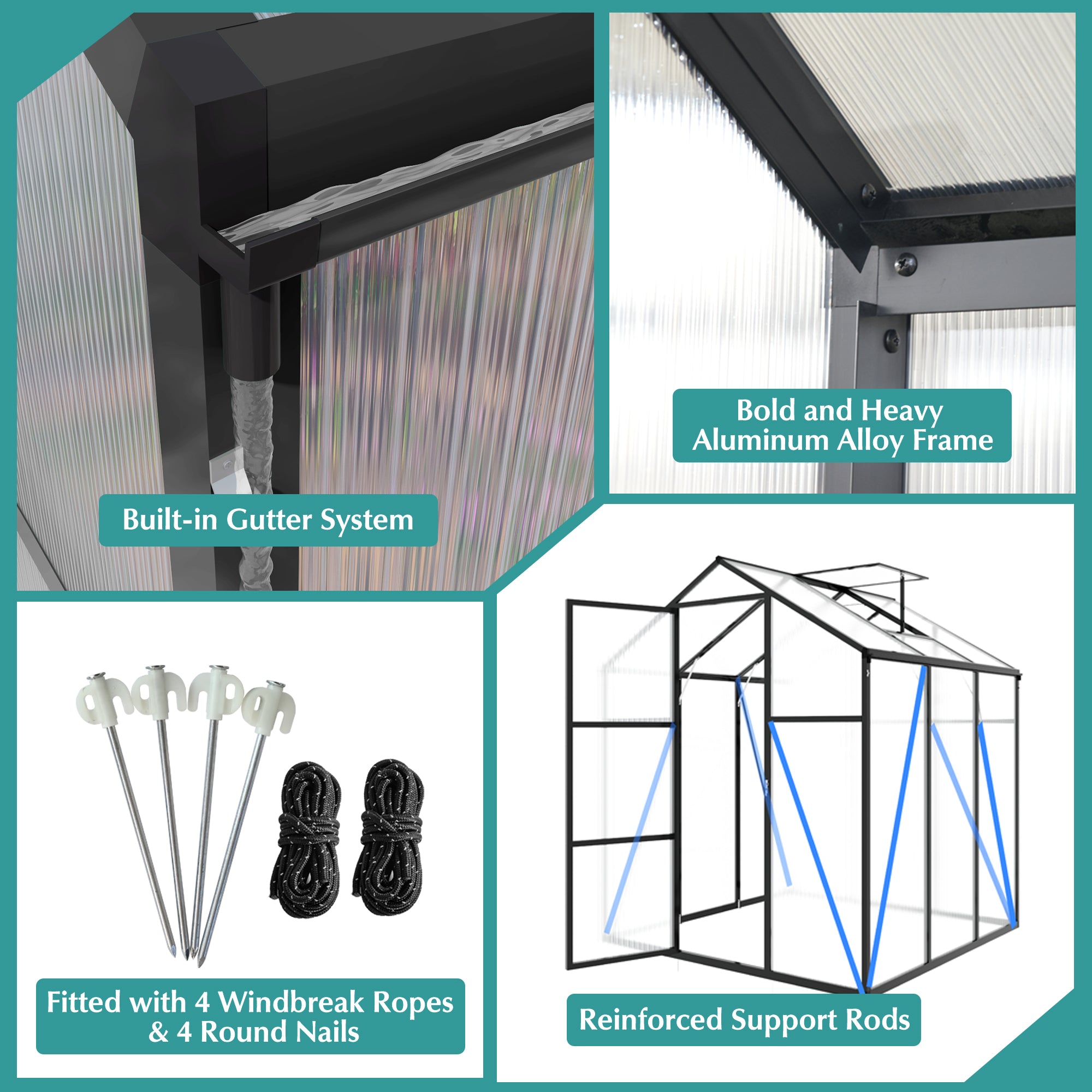 6ft x 6ft Heavy‑Duty Aluminum Walk‑In Greenhouse — Raised Base Polycarbonate Panels & Drainage System Black