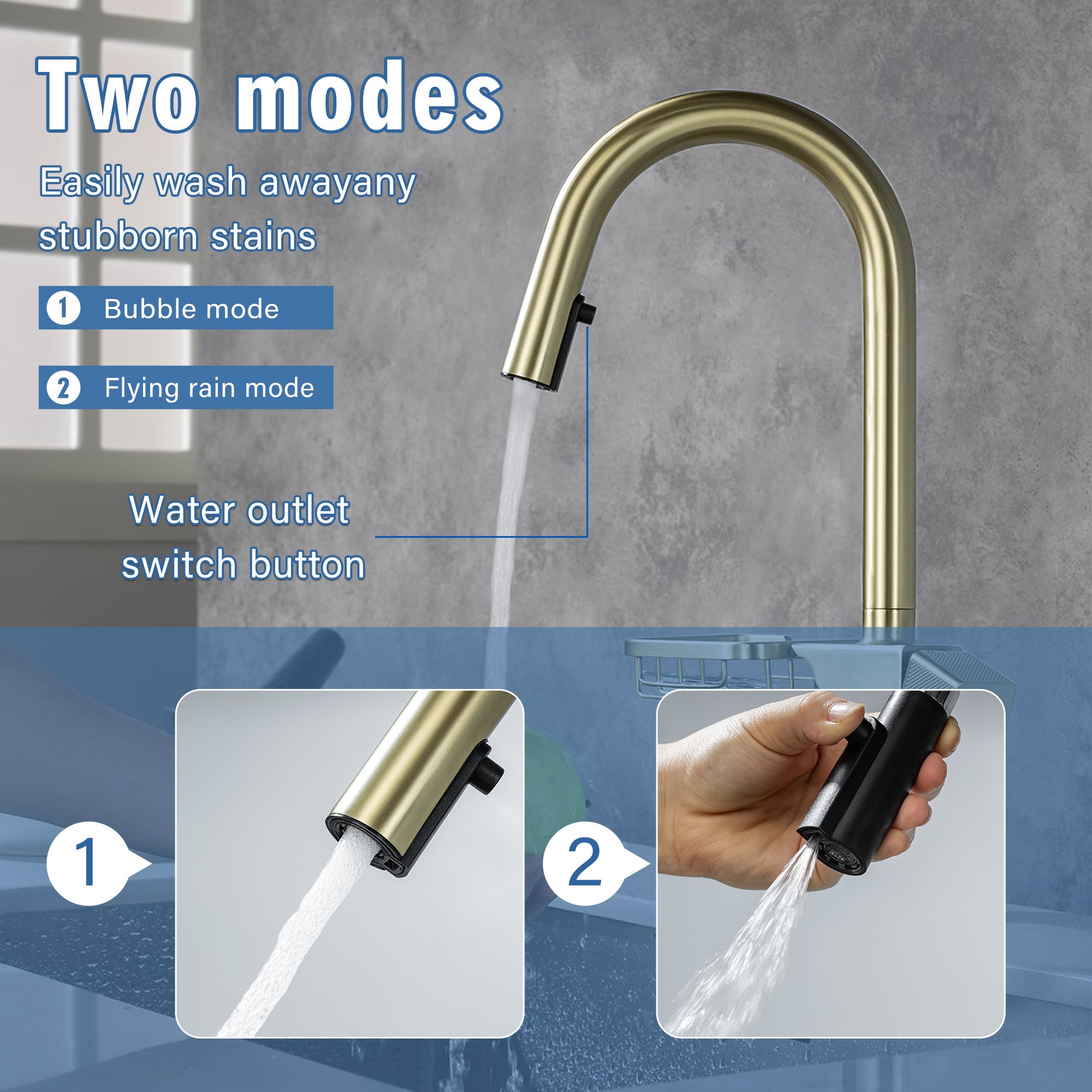 High Arc Pull-Down Kitchen Faucet - Single Hole Stainless Steel, Modern Sink Faucet (Brushed Gold)