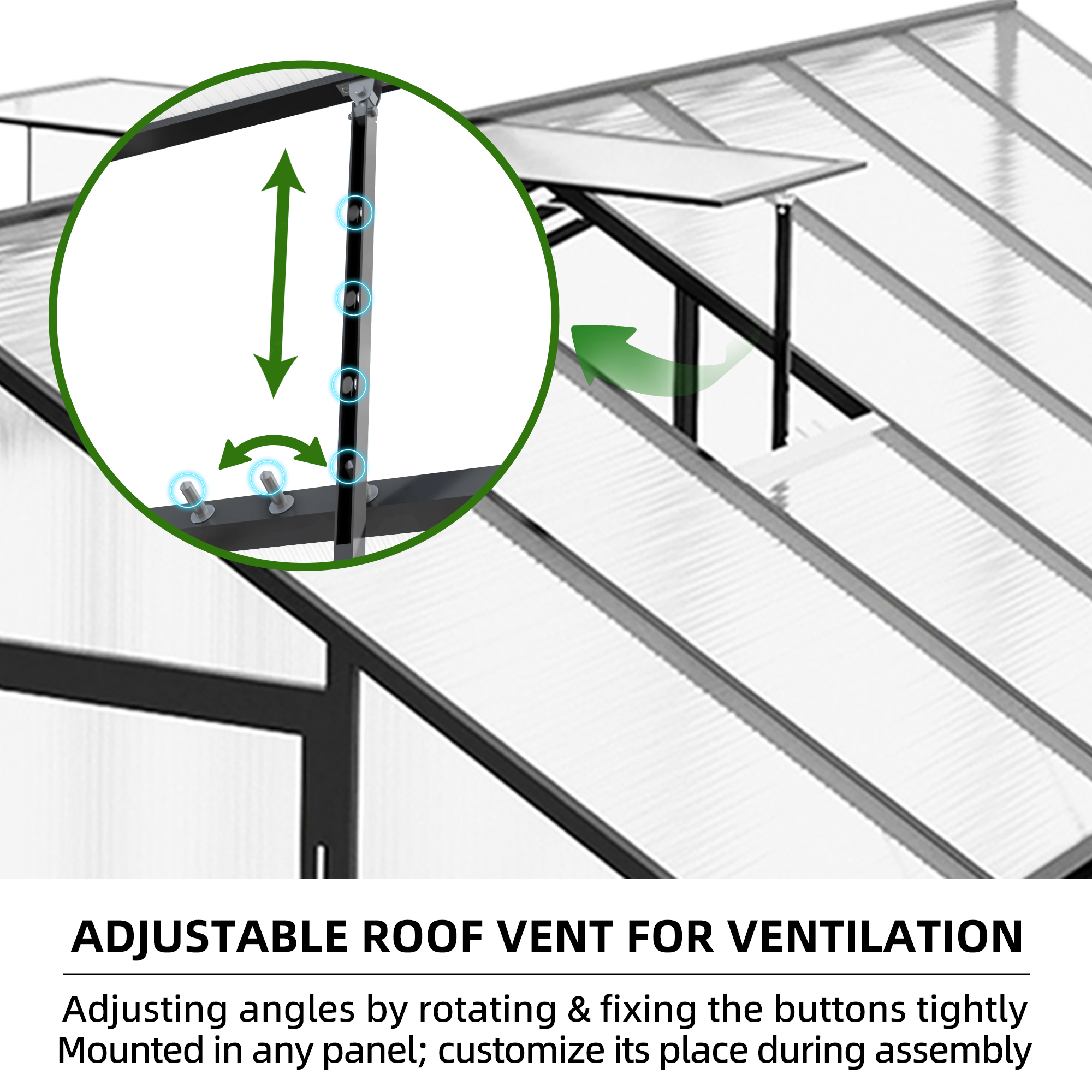 8ft x 10ft Heavy‑Duty Aluminum Walk‑In Greenhouse — 4mm Polycarbonate Panels Drainage System & Adjustable Vents Black