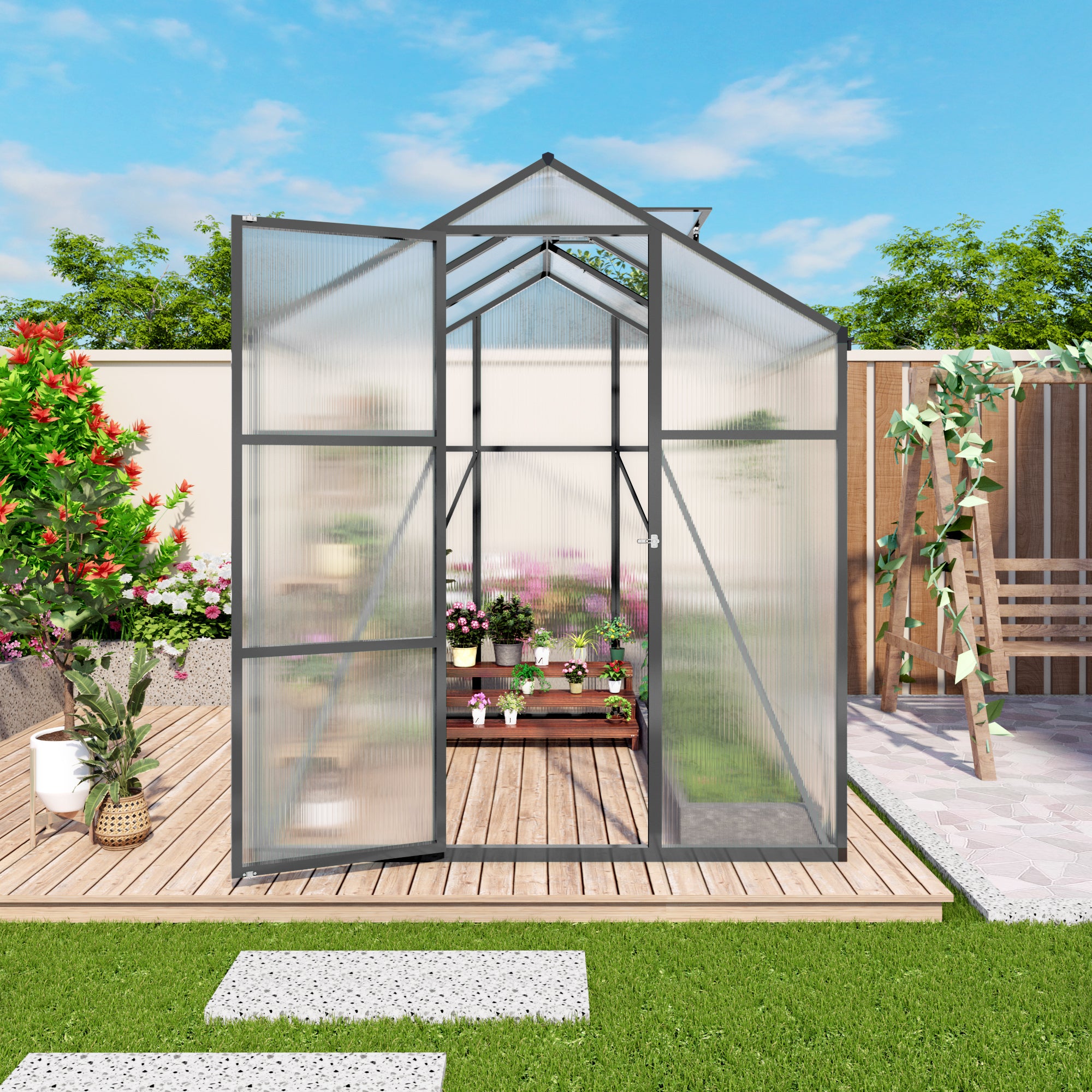 6ft x 6ft Heavy‑Duty Aluminum Walk‑In Greenhouse — Raised Base Polycarbonate Panels & Drainage System Black