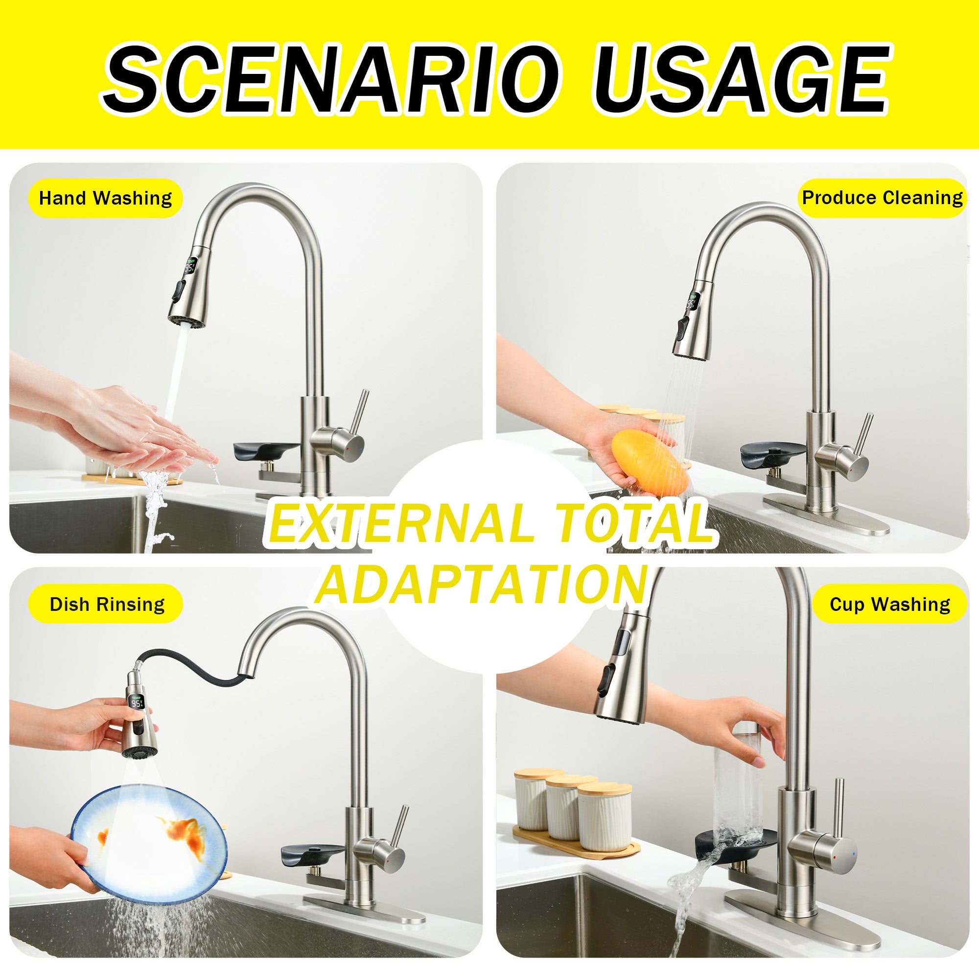 3-in-1 Kitchen Faucet with 3-Color LED Temperature Display, Press-Type Glass Rinser, High-Arc Pull-Down Sprayer, 3 Spray Modes, Brushed Nickel Finish for Modern Kitchen Sink